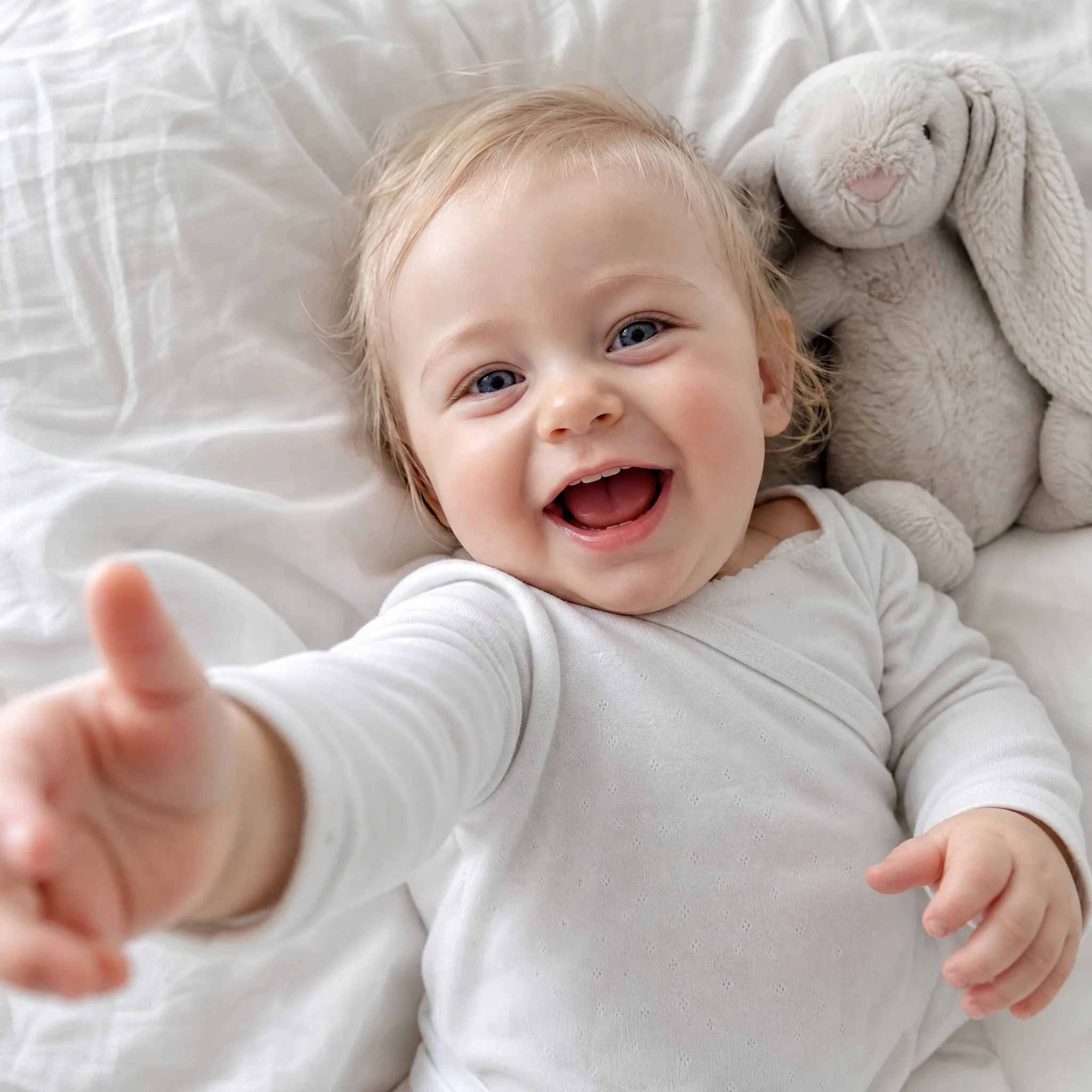 Giggling baby with wispy blond hair reaching one hand toward the camera on a white bed in morning light