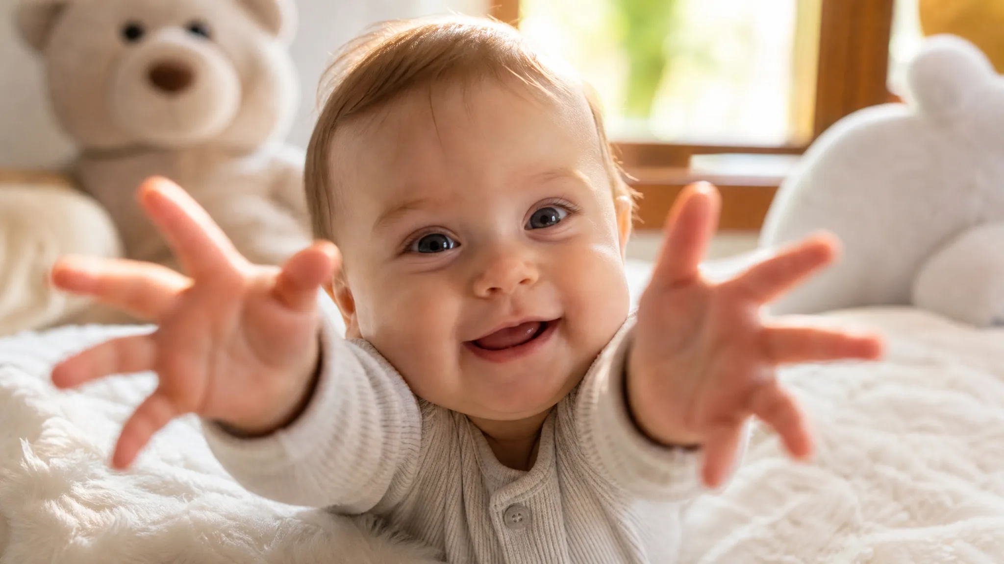 Baby AI Video Generator: Little Hands Reaching Out Smiling baby stretching both small open hands toward the camera on a white blanket