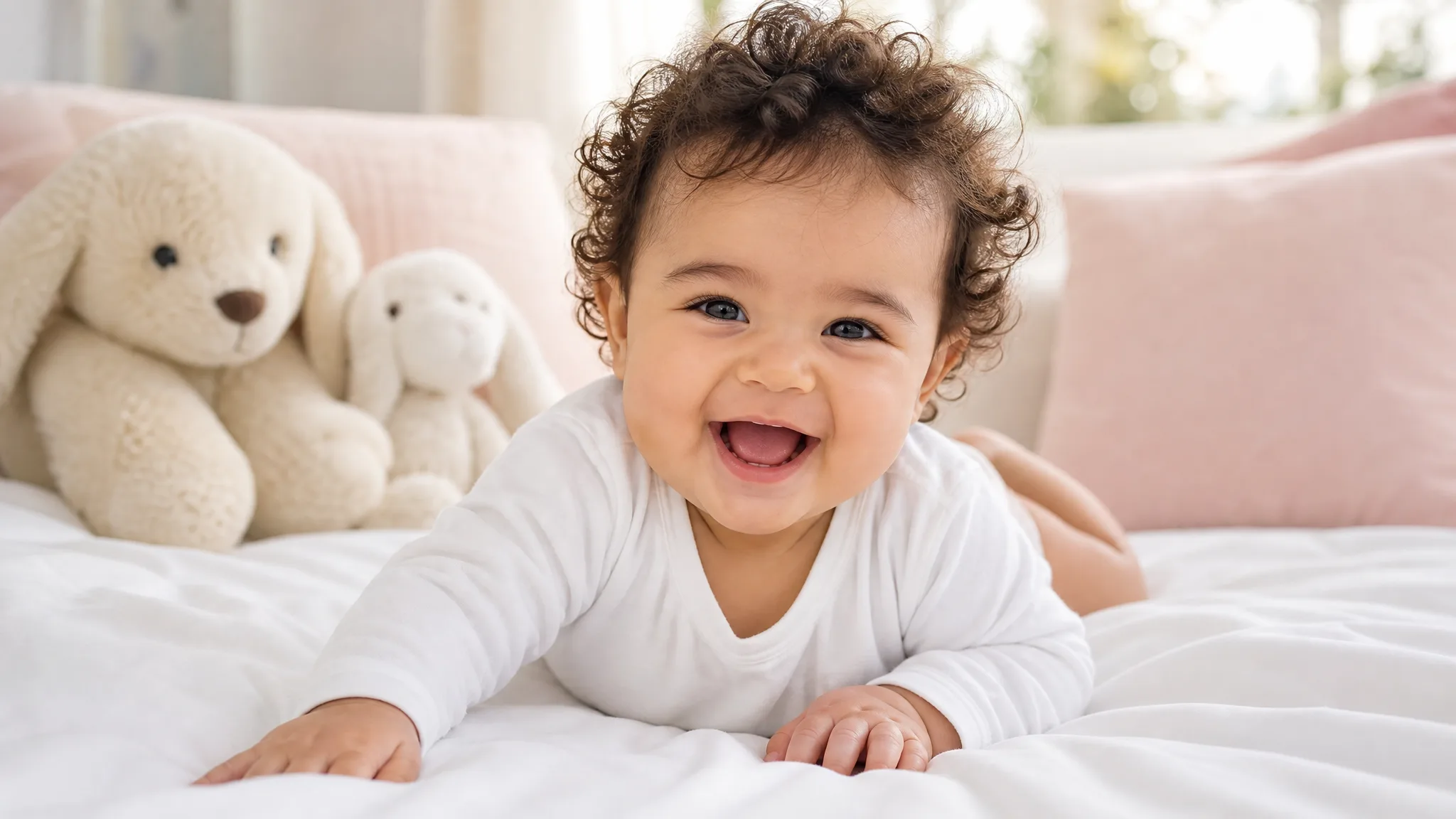 Baby AI Video Generator: A Laughing Baby on a White Bed Baby with dark curls lying on its tummy on a white bed, laughing at the camera with plush toys behind