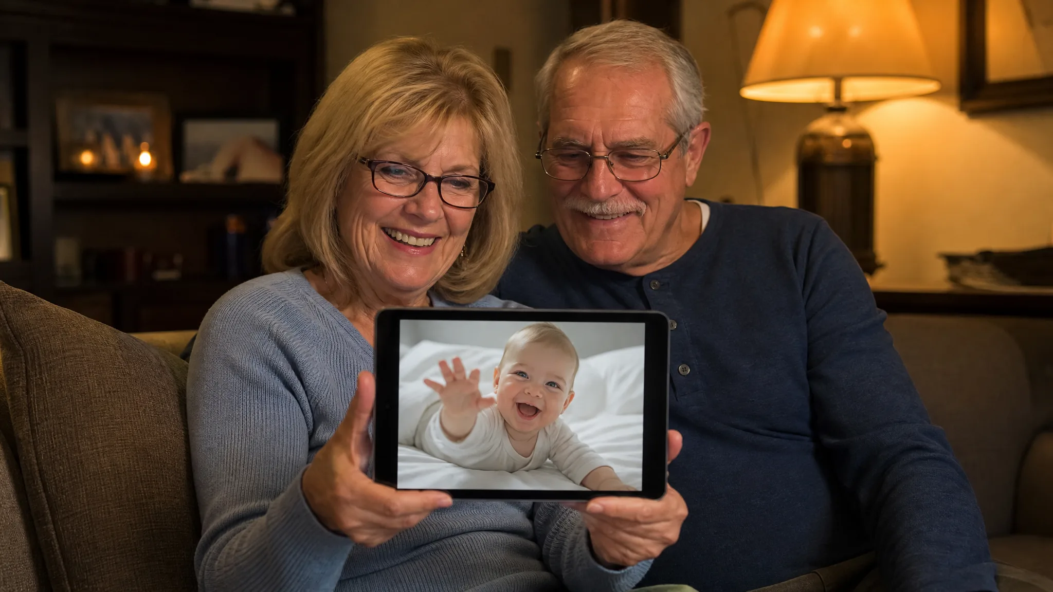Baby AI Video Generator: A Clip for the Family Grandparents on a sofa smiling at a tablet that shows a laughing baby reaching toward the screen