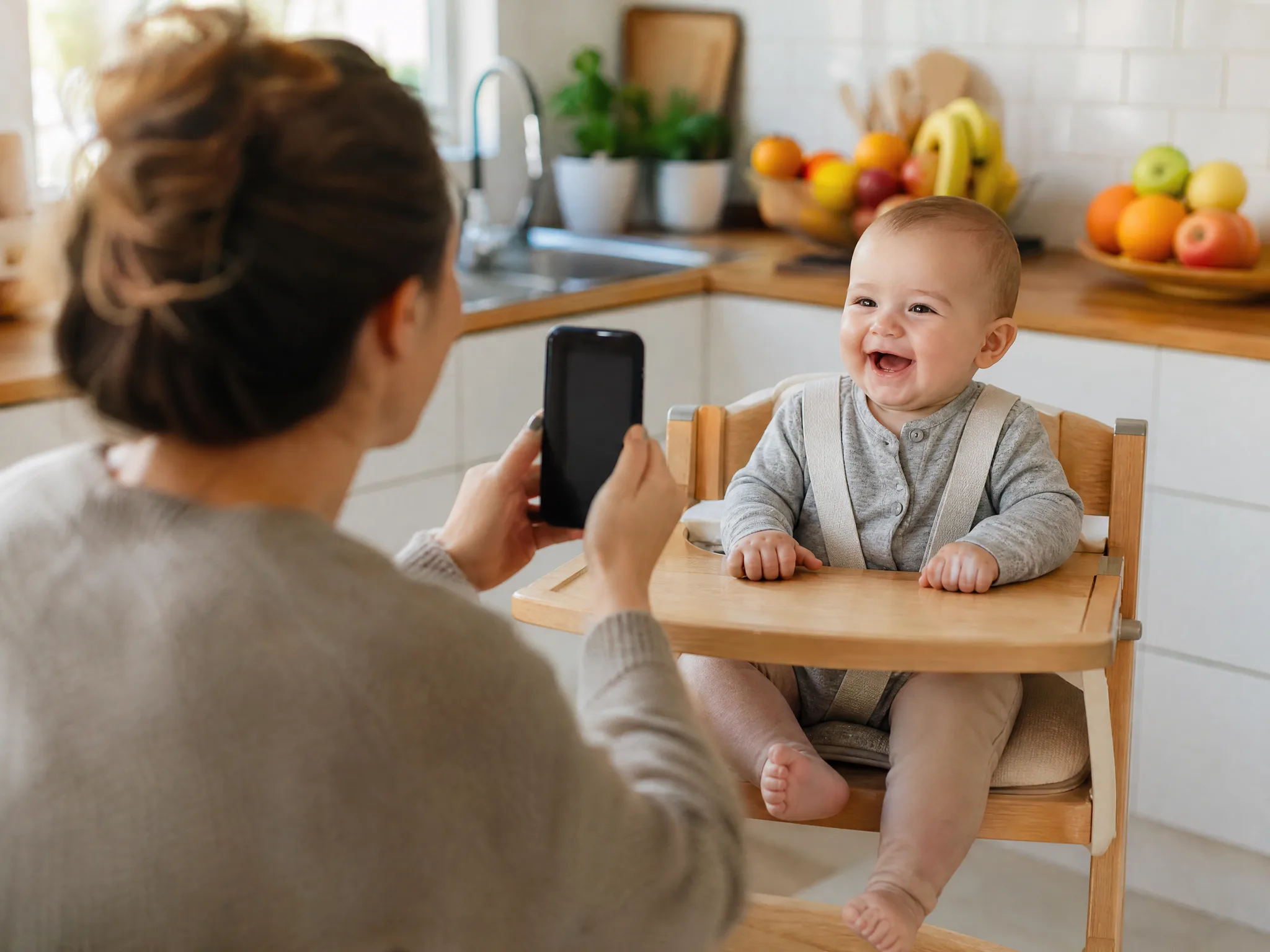 Baby AI Video Generator: The Photo You Start From Parent holding a phone up to photograph a smiling baby sitting in a high chair in a bright kitchen