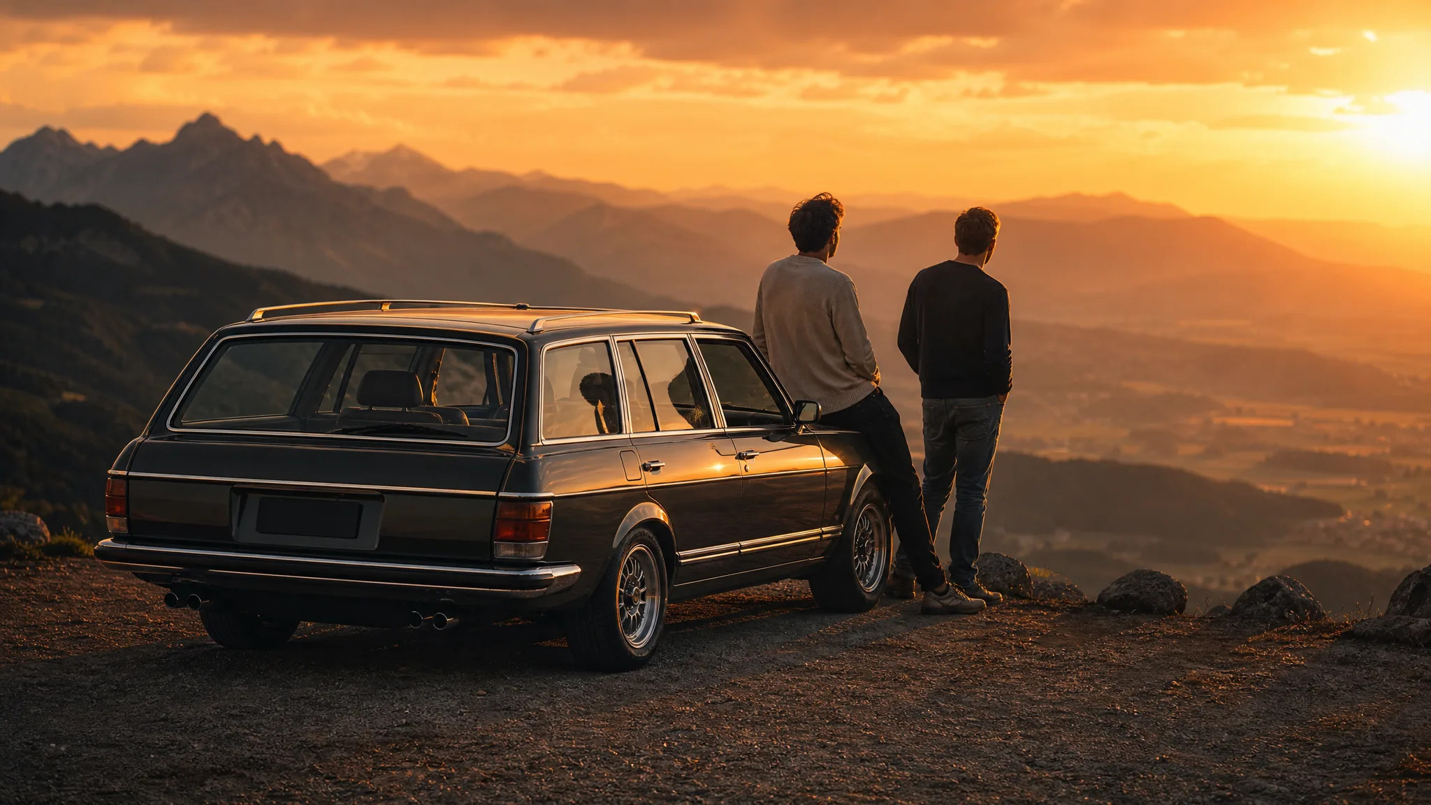 Two friends leaning on a classic estate car at a mountain overlook at sunset