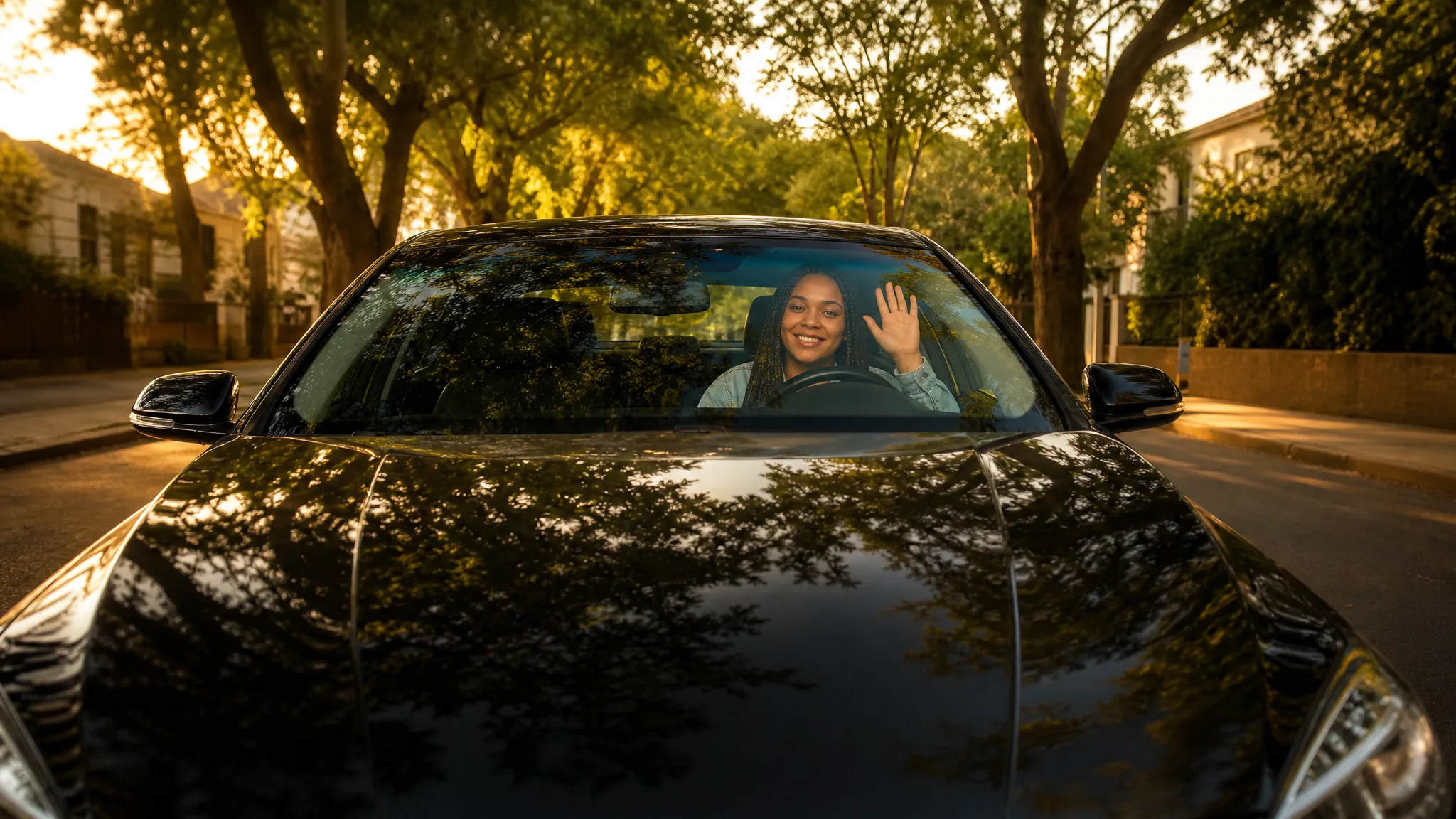 Low view over the glossy bonnet of a black sedan to a young woman with braids waving from the driver’s seat