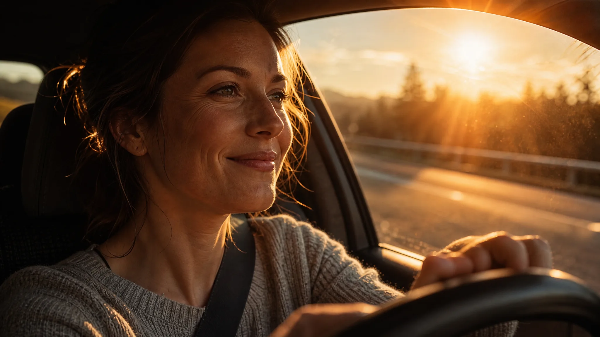 Woman smiling at the wheel as low evening sun flares through the windshield