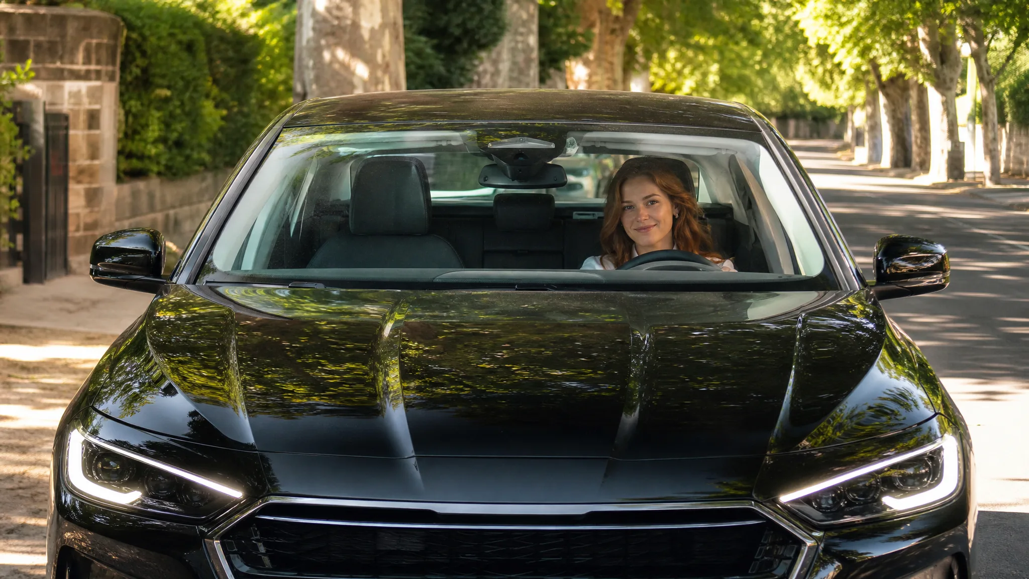 Young woman with auburn hair smiling at the wheel of a black luxury sedan on a sunny tree-lined street