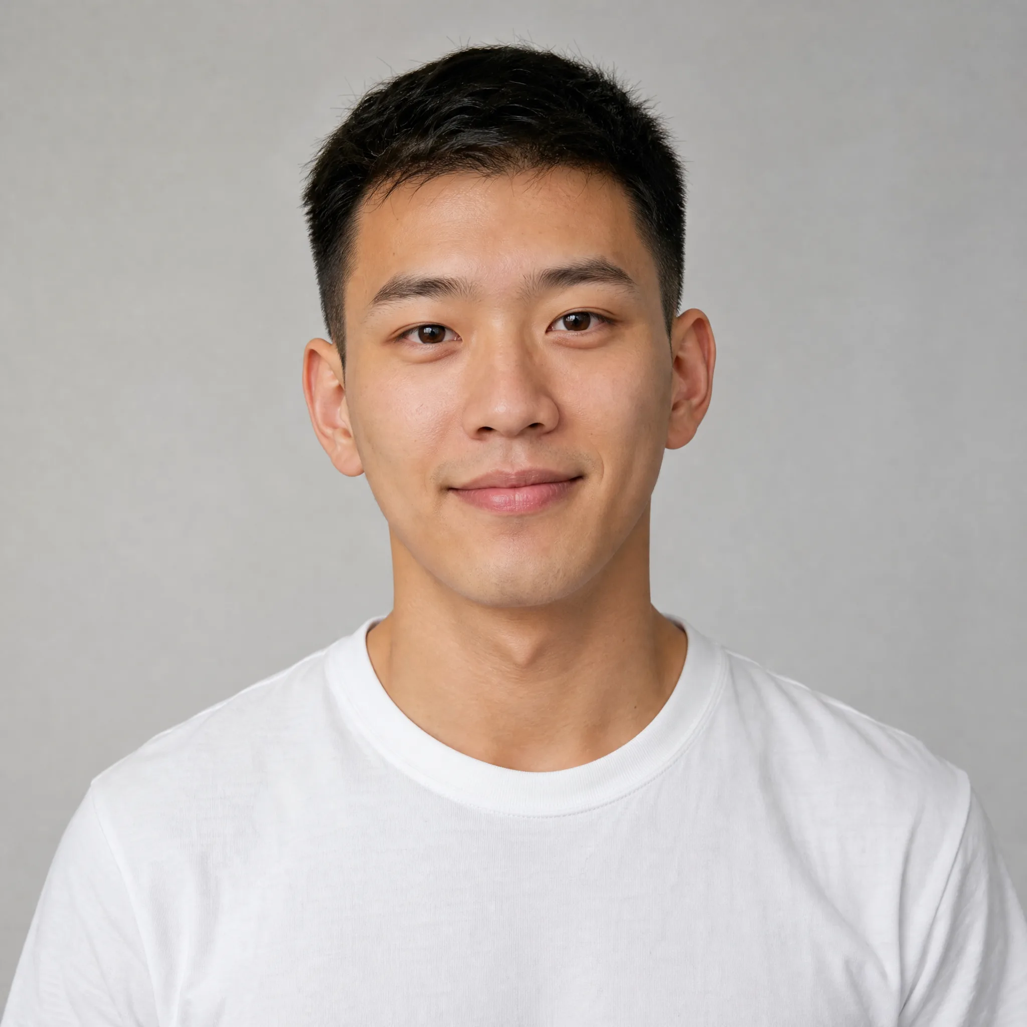 AI Face Dance Generator: Clear Starting Portrait Young man with short black hair and a slight smile facing the camera against a light-grey studio backdrop