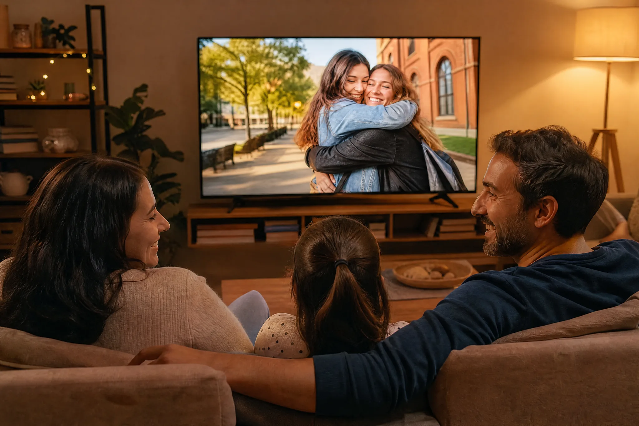 AI Hugging Video: A Moment for a Bigger Message Family on a sofa in the evening smiling at a television that shows two friends hugging on a sunny walkway
