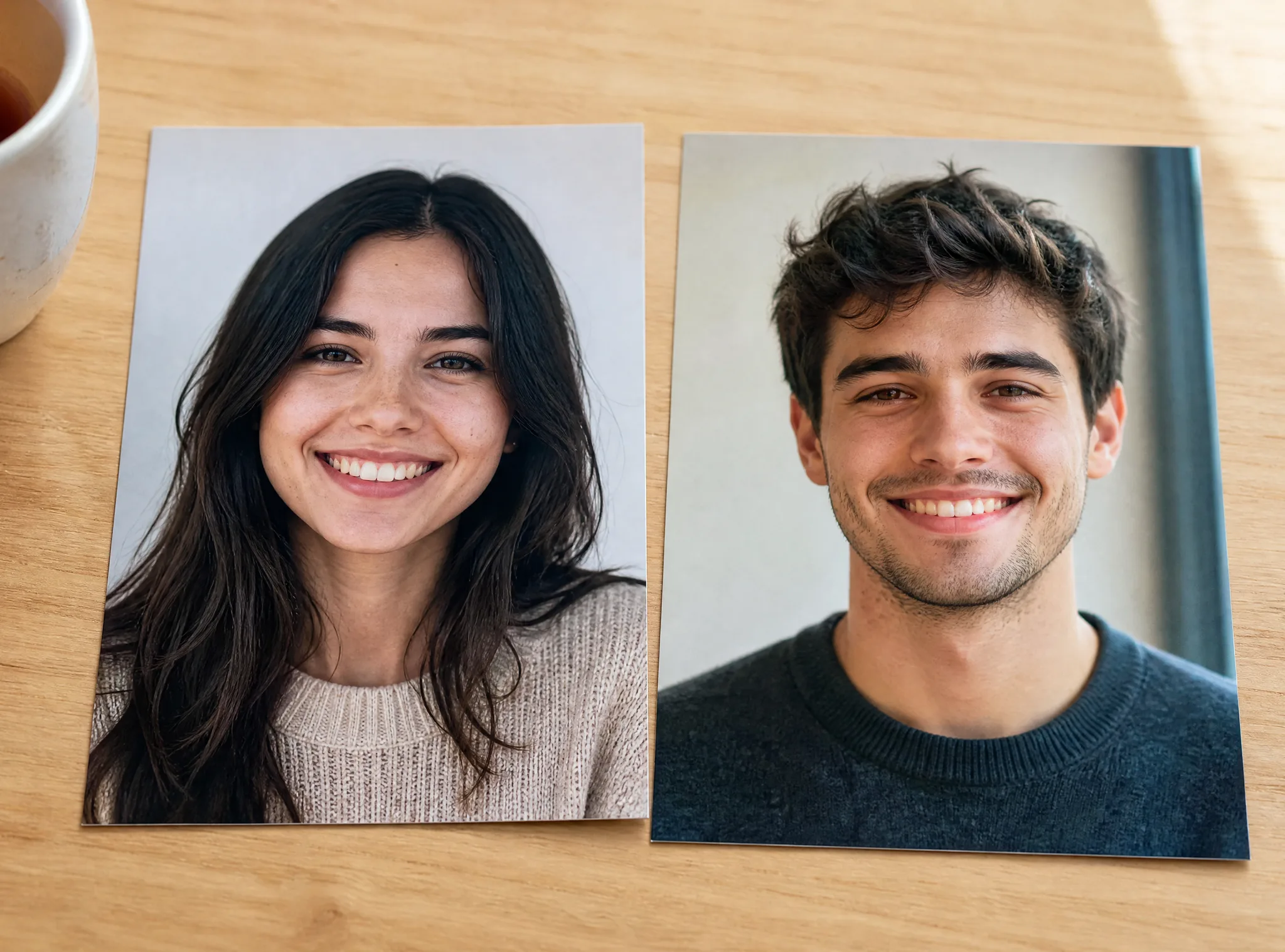 AI Hugging Video: Two Separate Photos Two separate printed portraits of a young woman and a young man lying side by side on a light wooden table
