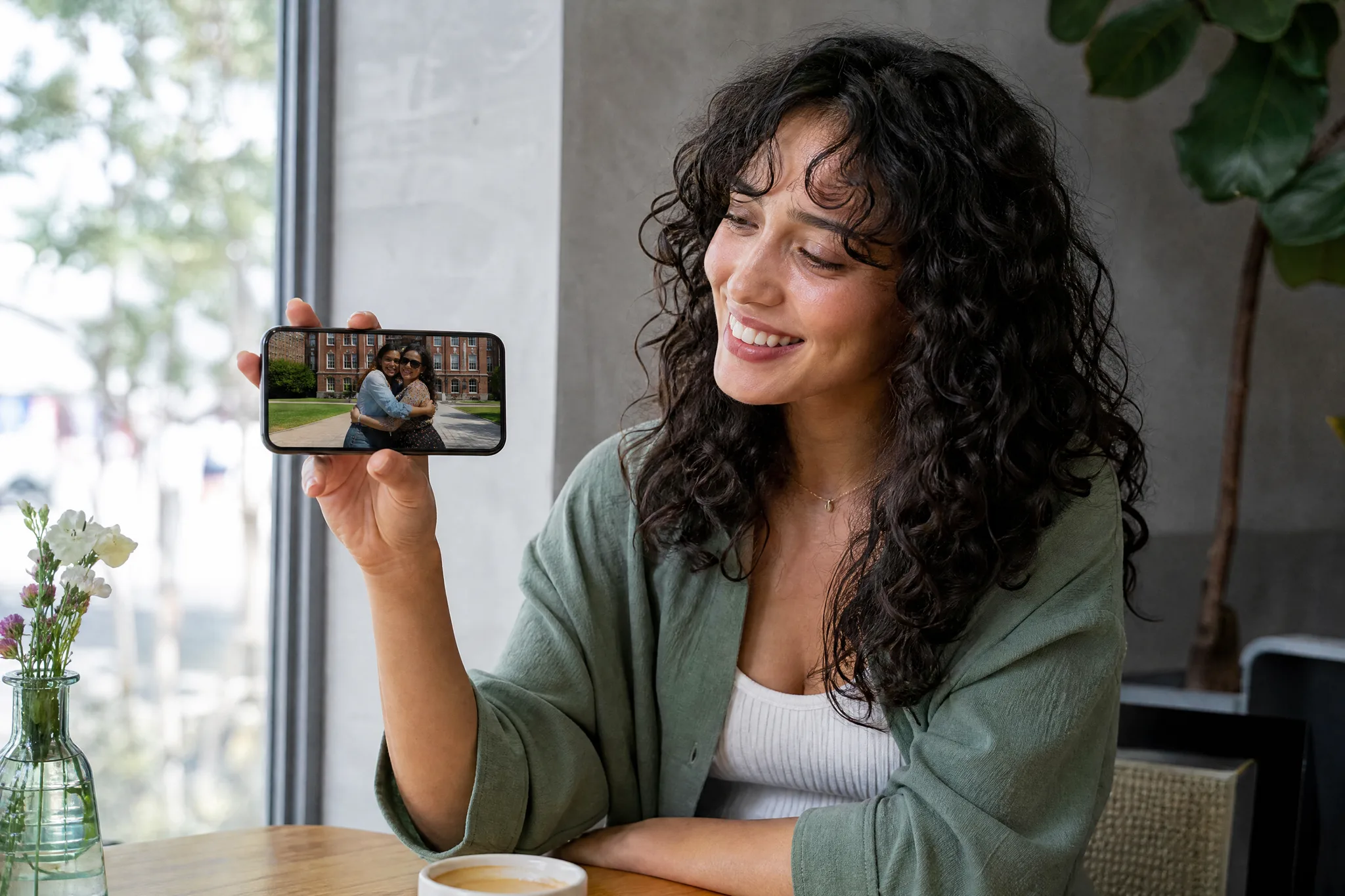 AI Hugging Video: A Clip to Send Young woman in a cafe smiling at her phone, which shows two friends hugging on a sunny walkway