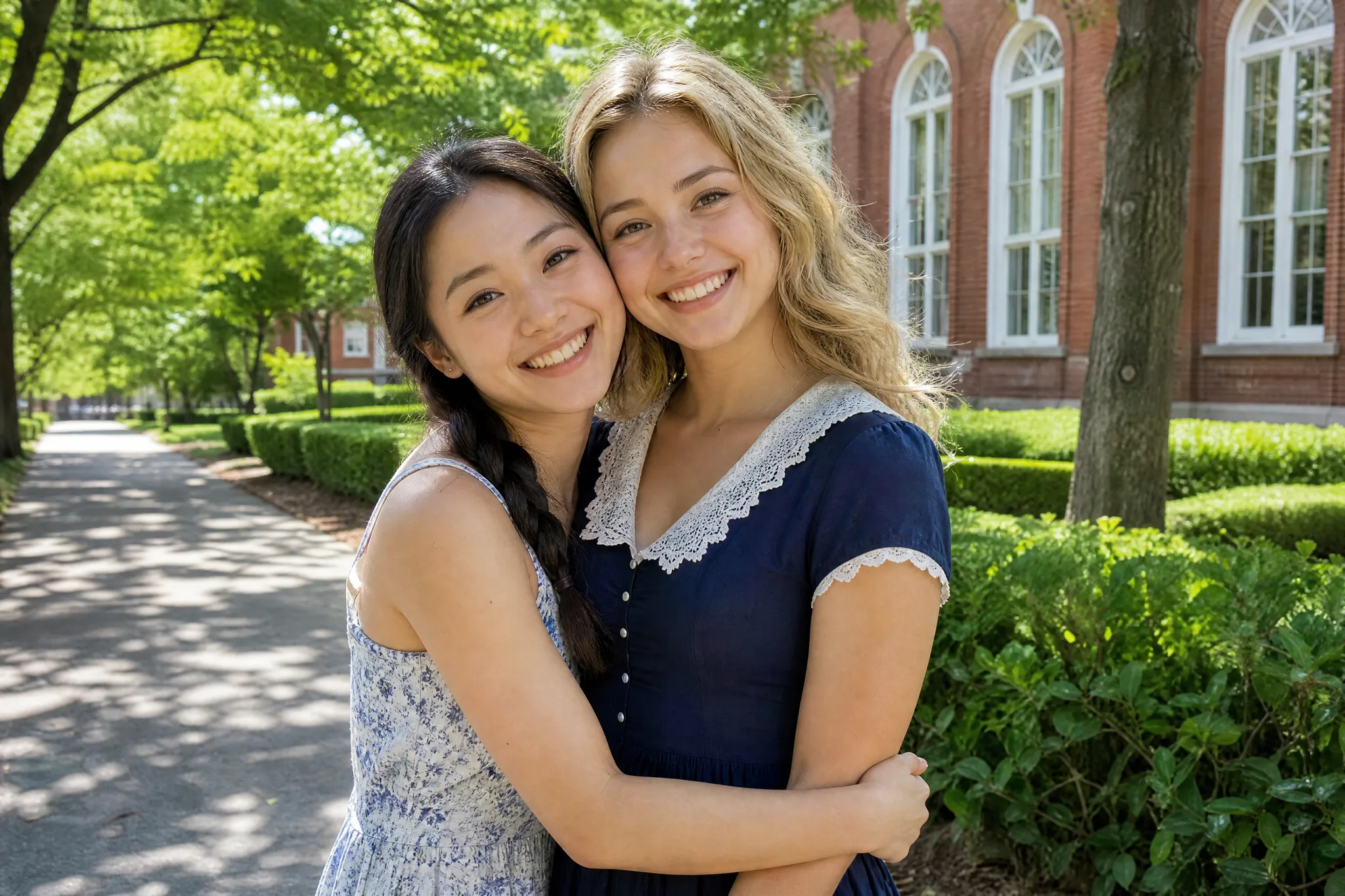 Two young women in summer dresses hugging and smiling on a sunny tree-lined walkway in front of a red-brick building