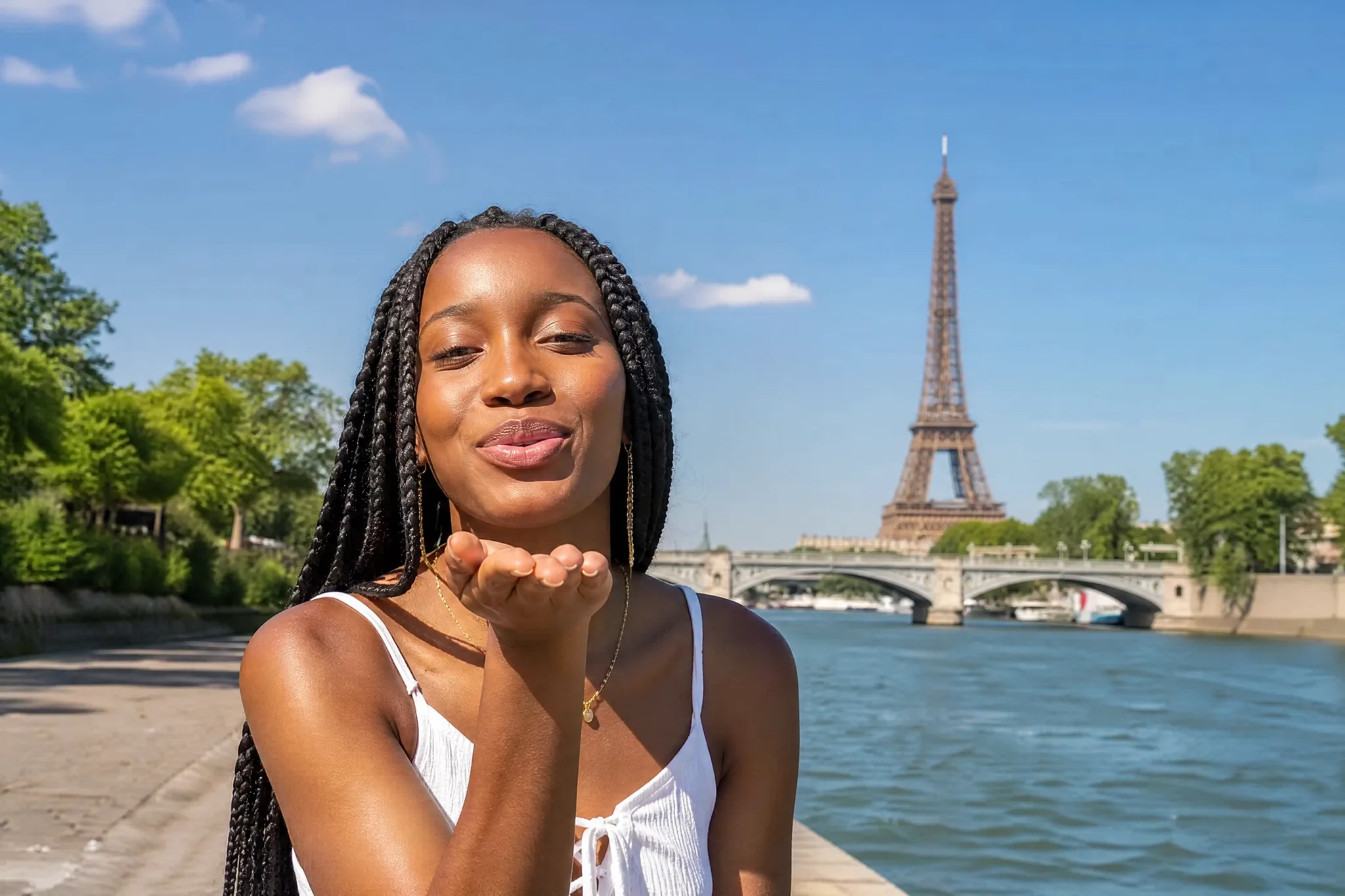 One Portrait, One AI Kiss in Paris Young woman with braided hair blowing a kiss from her open palm on a riverside with the Eiffel Tower behind