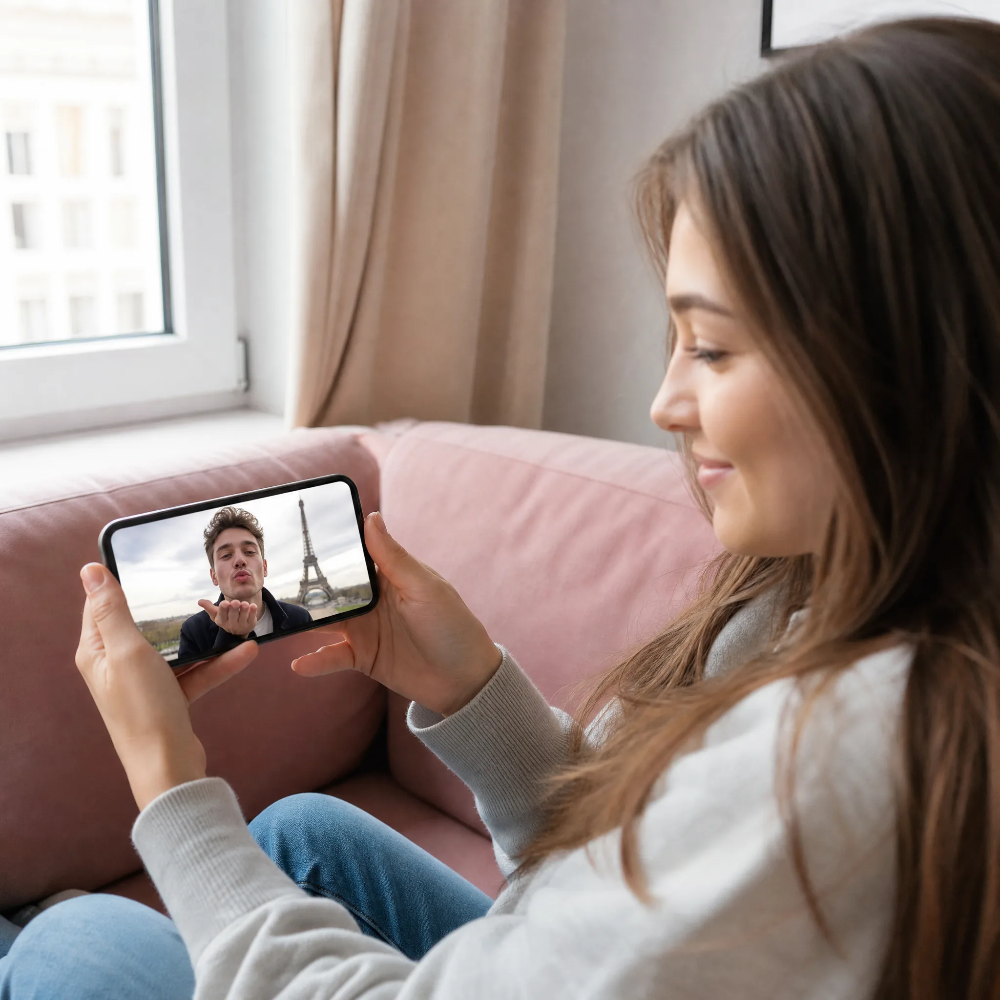 Image to Kiss Video AI to Share Young woman on a sofa smiling at her phone, which shows a man blowing a kiss in front of the Eiffel Tower