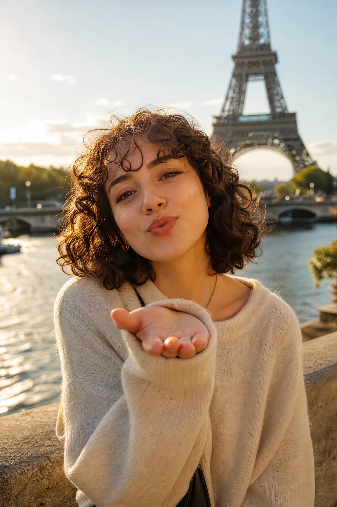 The Kiss Blown to the Camera Young woman with a curly bob blowing a kiss from her open palm toward the camera, the Eiffel Tower behind