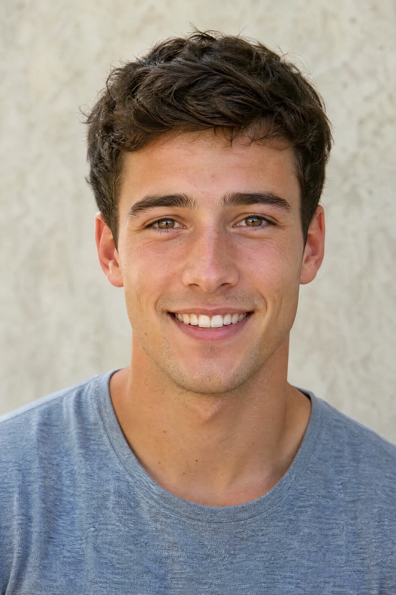 One Clear Portrait for the AI Kiss Young man with short dark hair and a warm smile looking straight at the camera in soft daylight