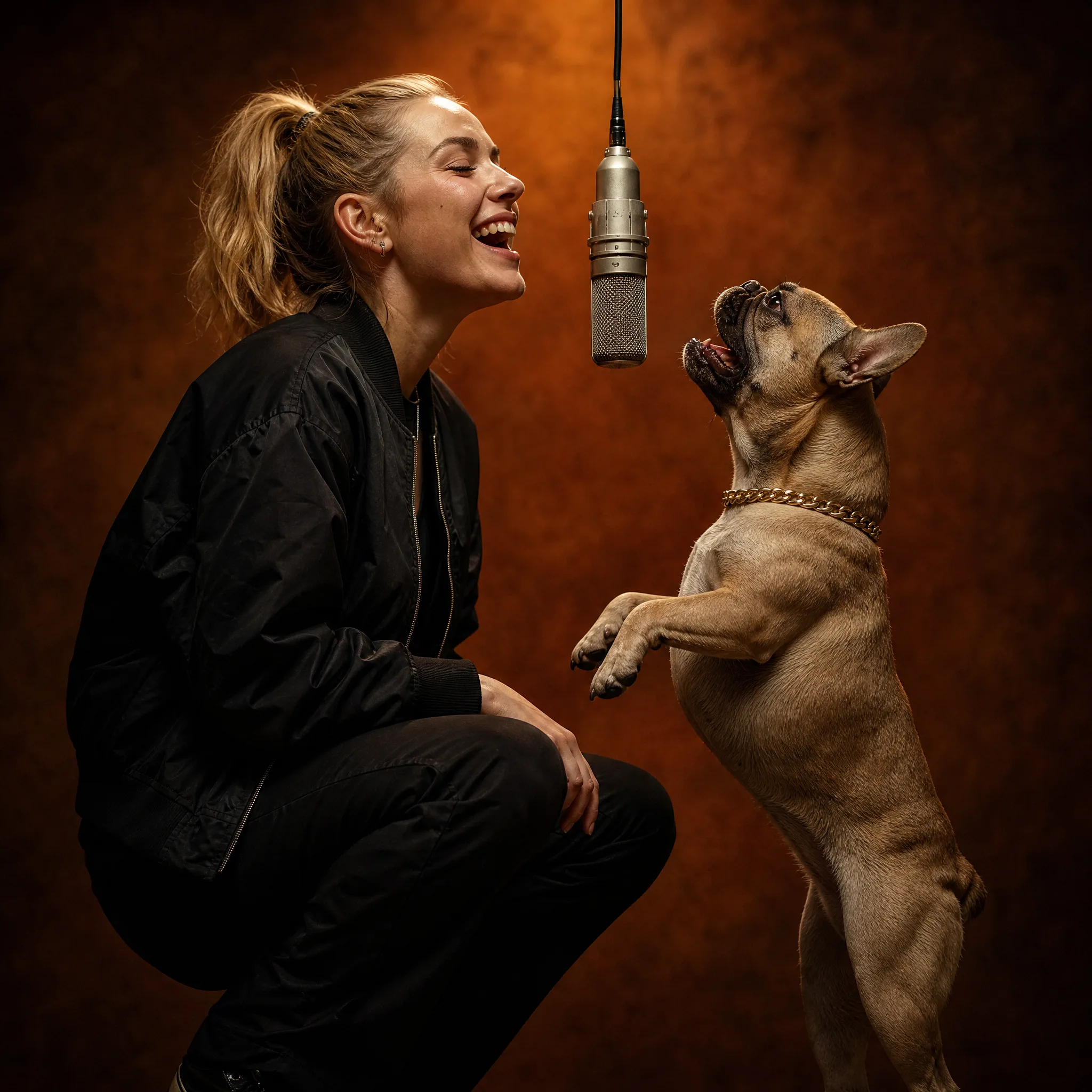 Laughing woman in a black bomber jacket and an upright French bulldog with a gold chain collar at a hanging microphone