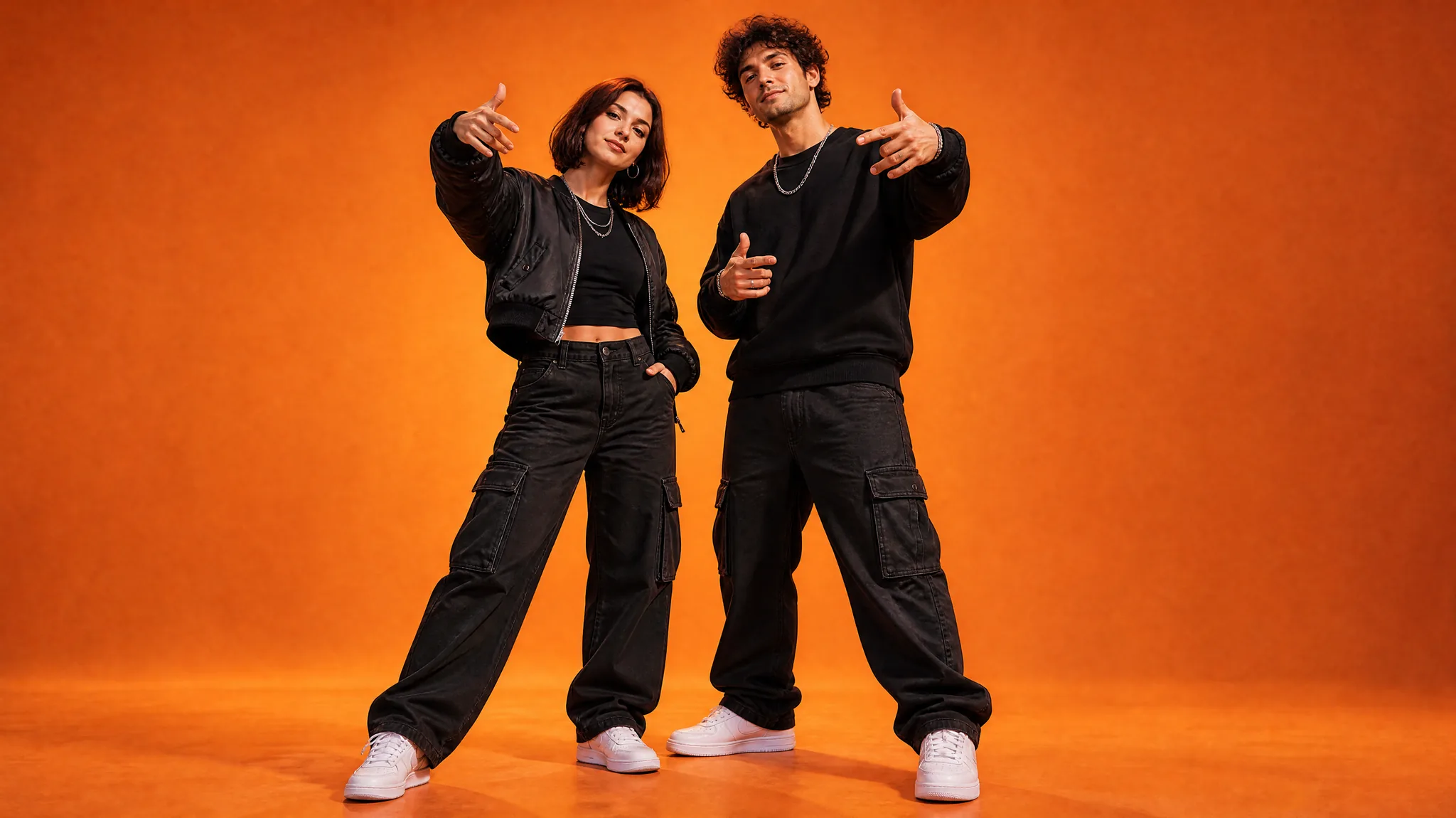 AI Rap Duo: Friends in an Orange Studio Woman and man in black streetwear and silver chains making hand gestures against an orange studio backdrop