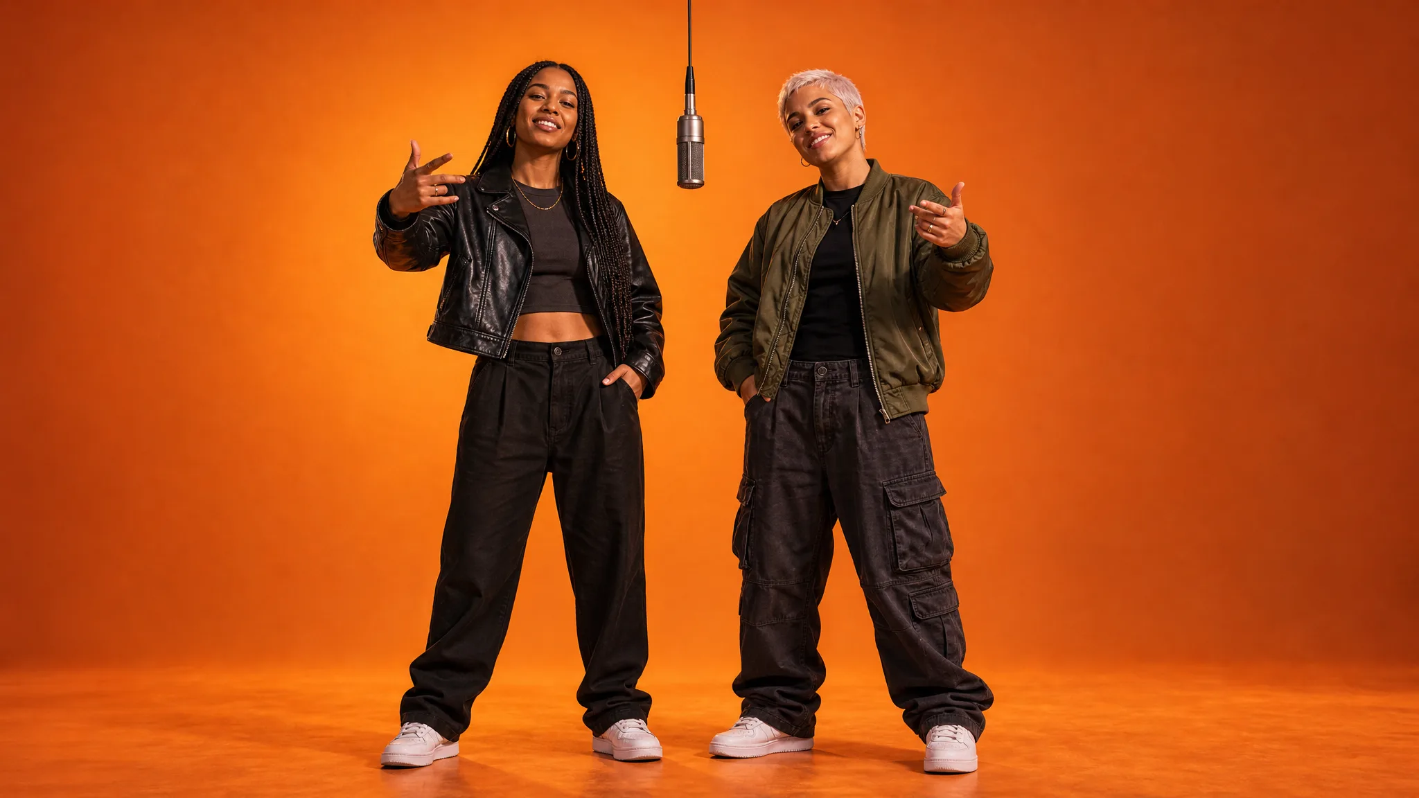 AI Rap Duo: Two Friends in an Orange Studio Two women in a black leather jacket and an olive bomber jacket under a hanging microphone on an orange stage