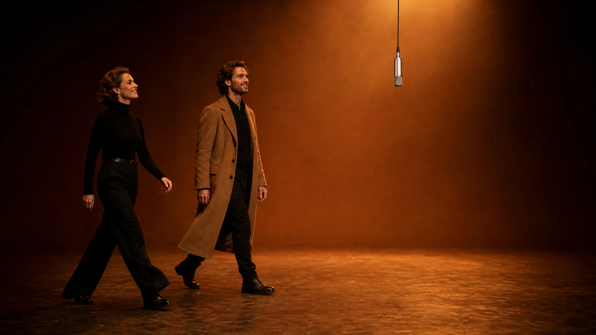 AI Rap Duo: Stepping onto the Stage Woman in a black turtleneck and man in a camel coat walking toward a hanging microphone on an empty stage