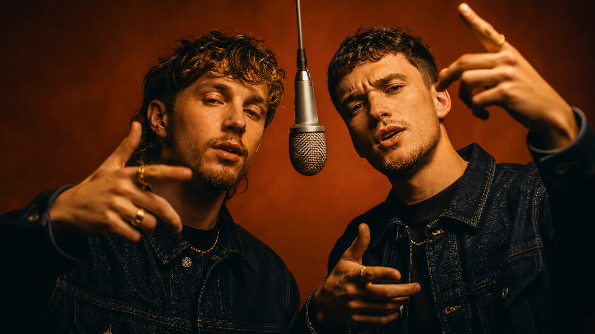AI Rap Duo: Dark Jackets and Gold Accents Two young men in dark denim jackets with thin gold chains and rings gesturing beside a hanging microphone