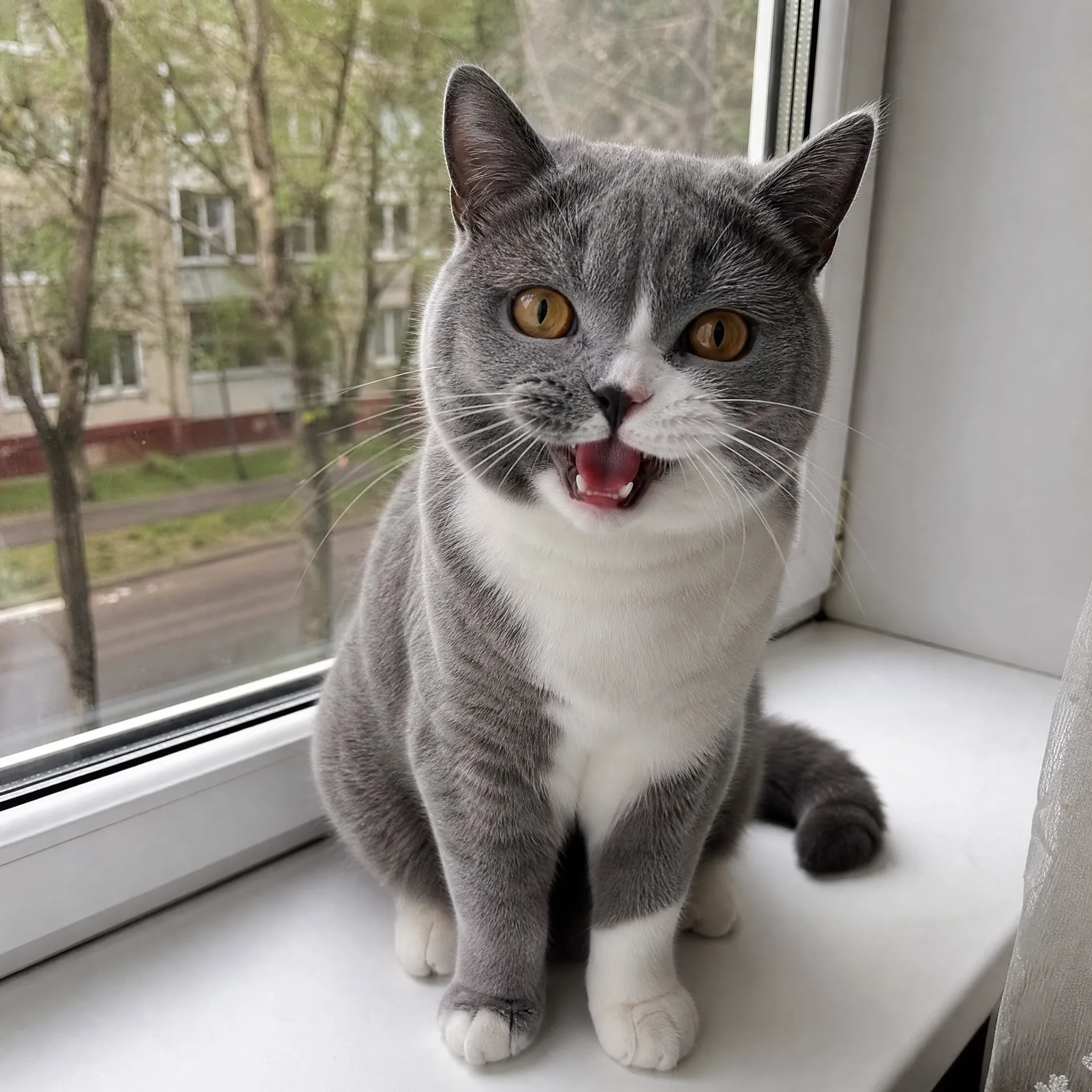 Grey-and-white British Shorthair cat on a windowsill, mouth open mid-meow with a cheeky expression