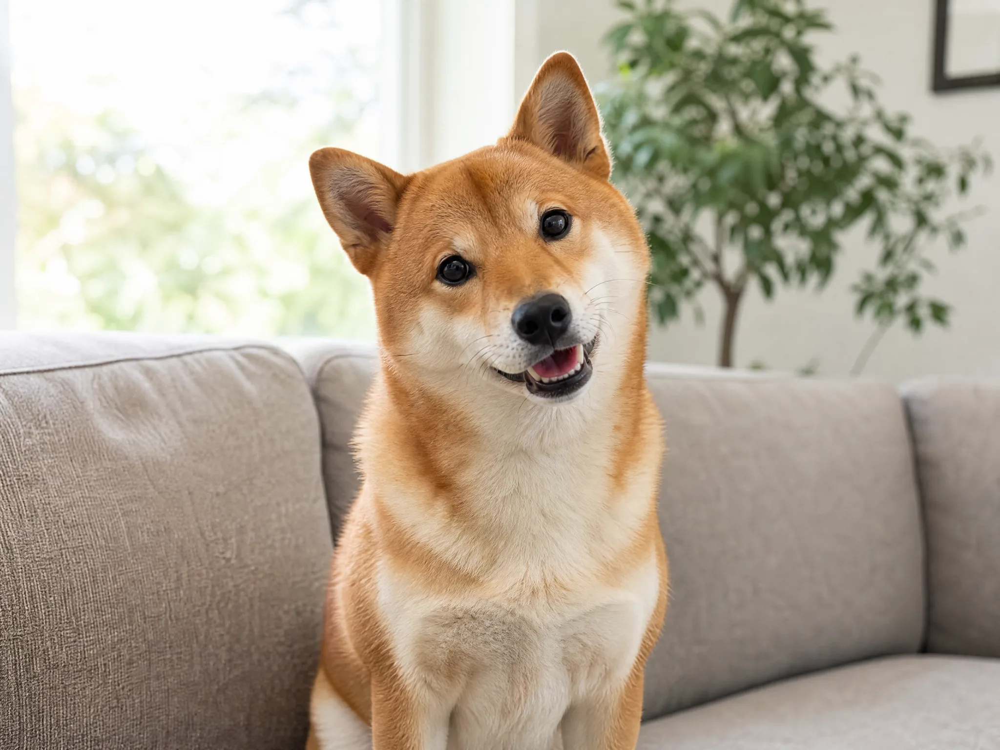 Shiba Inu sitting on a grey sofa with a curious head tilt and open mouth, as if answering a question