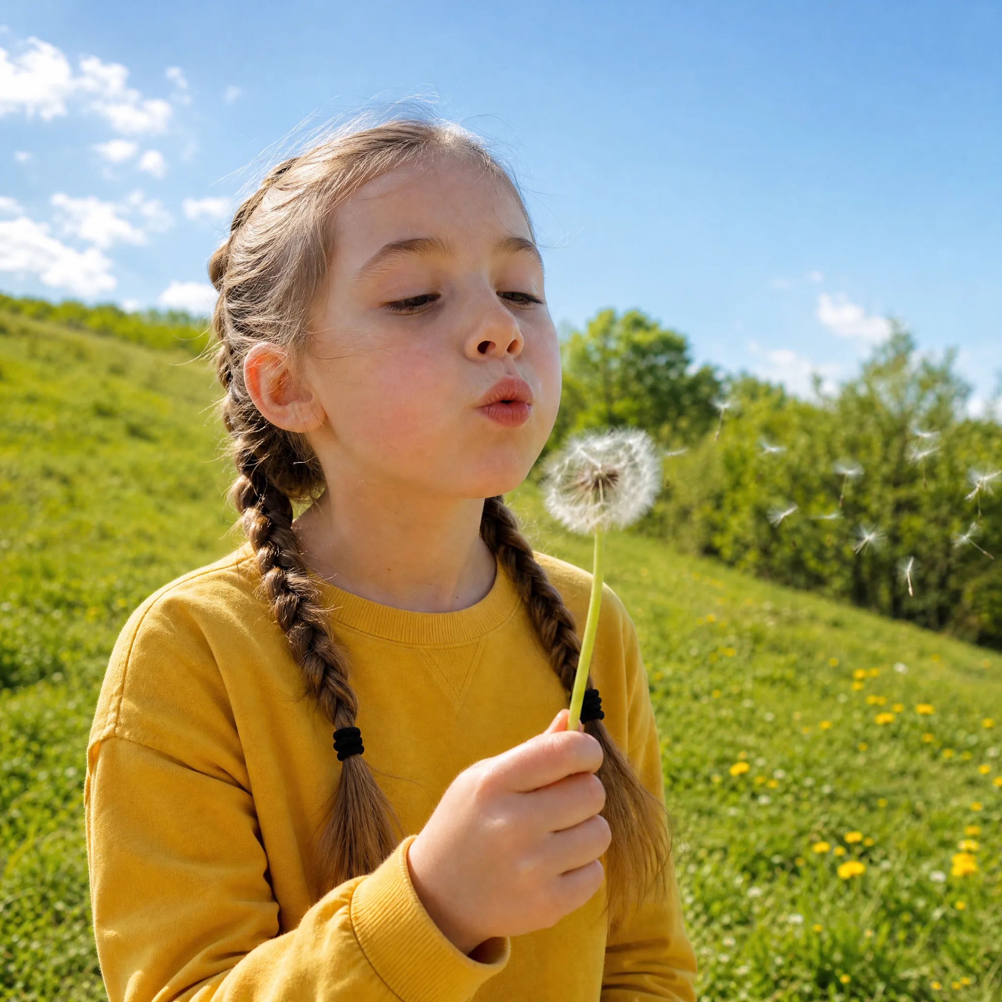 Girl with braids in a yellow sweater about to blow a dandelion in a sunny green meadow