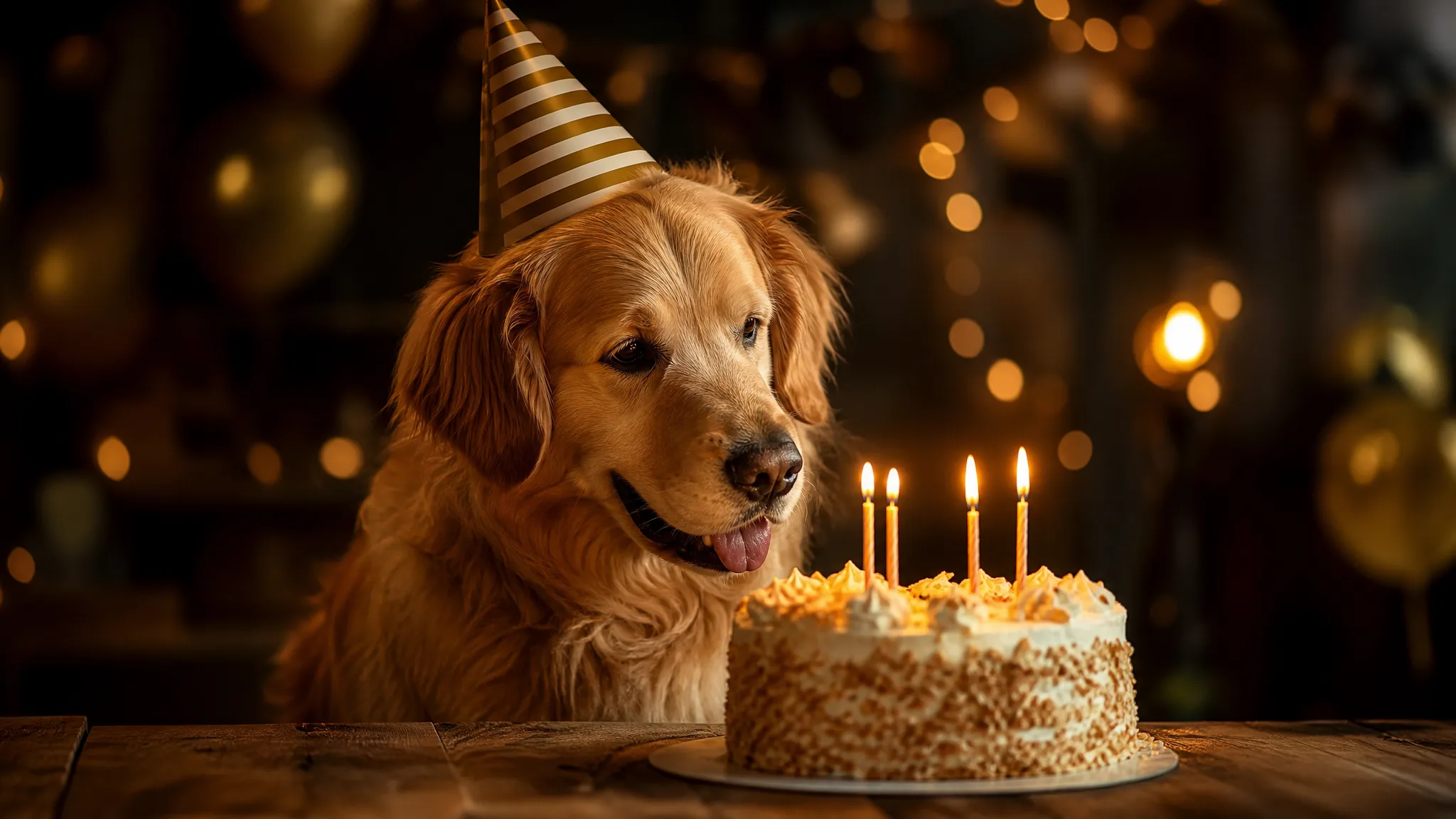 Golden retriever in a striped party hat looking at a birthday cake with lit candles