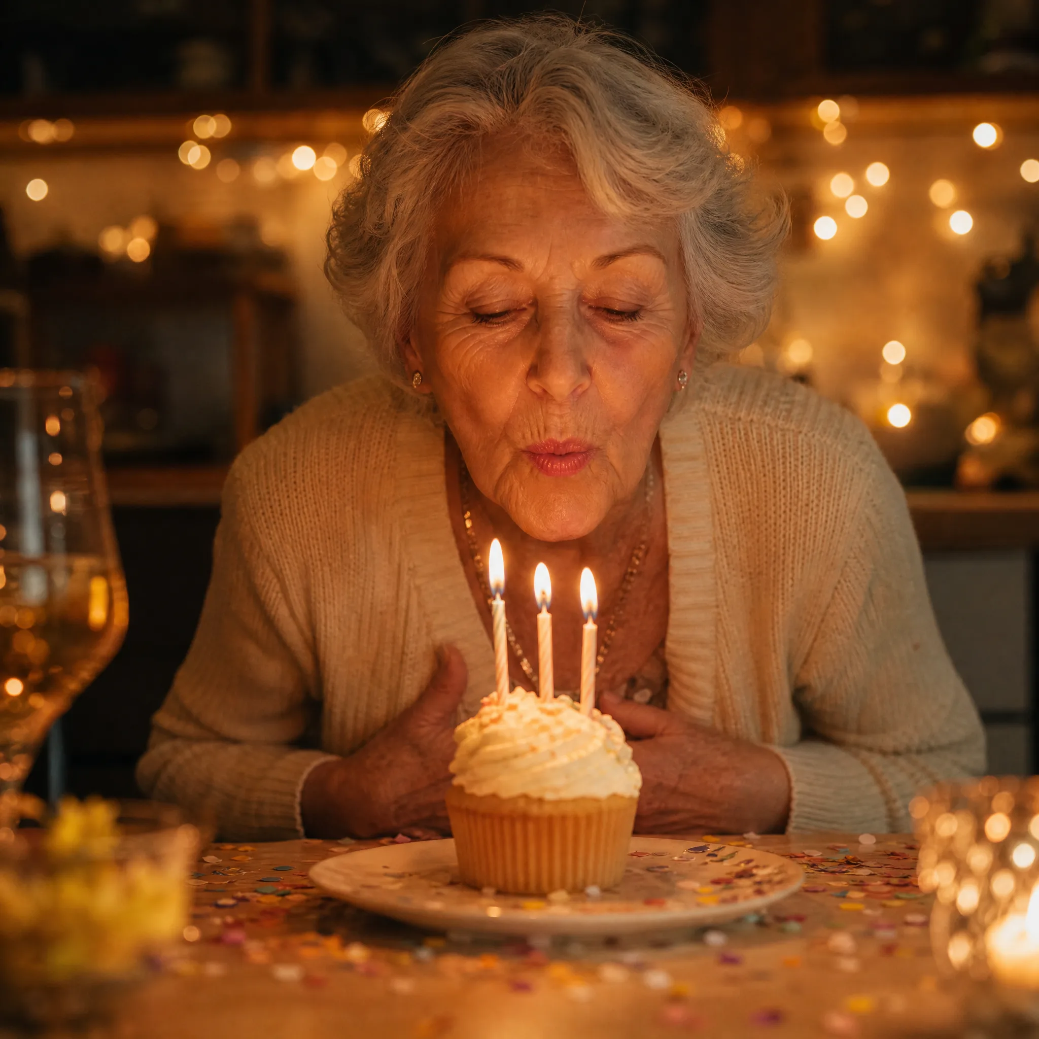 Grandmother blowing out three candles on a frosted cupcake beside confetti and string lights