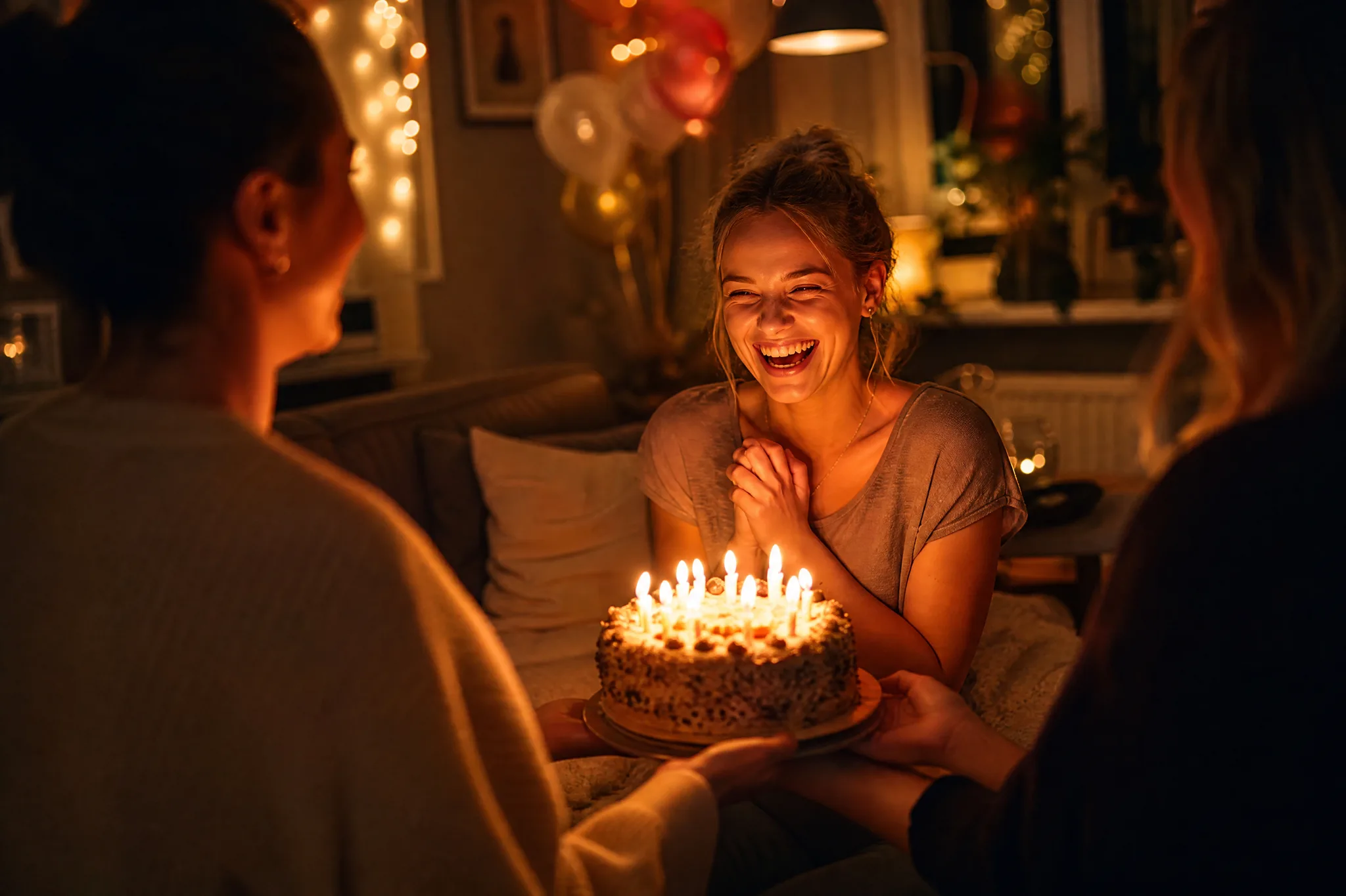 Woman laughing with delight as friends bring her a birthday cake with lit candles in a cosy living room