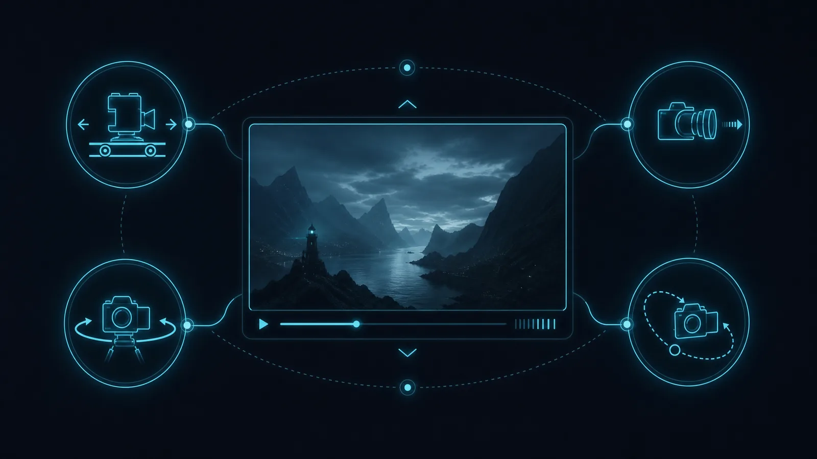 Storyboard-style panels showing camera-move prompts in action — slow push-in, orbit around a product, and a parallax drift across a landscape (generated with imgvid)