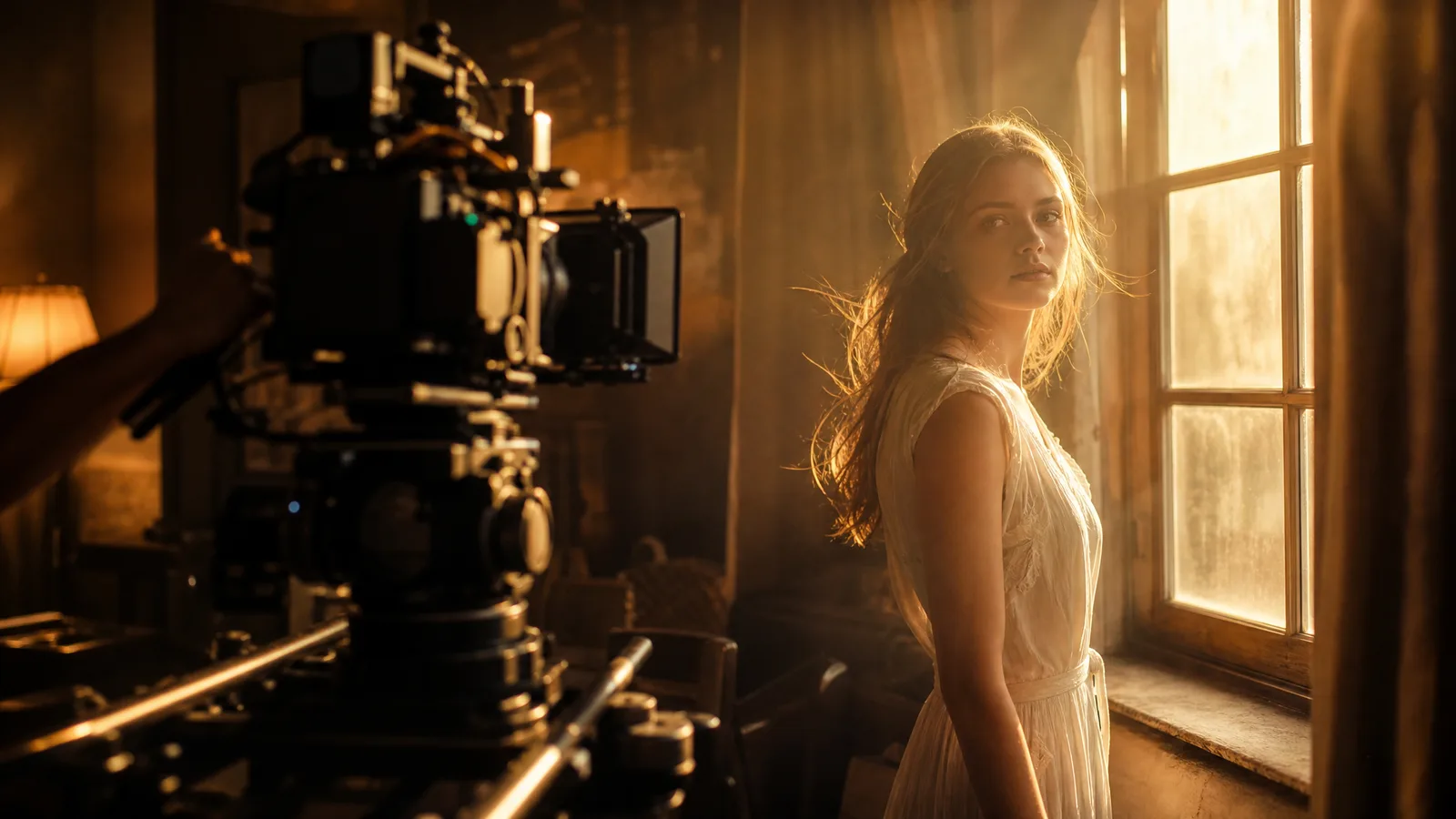 A cinema camera on a dolly track pushing in on an actress by a window at golden hour, a fan lifting strands of her hair
