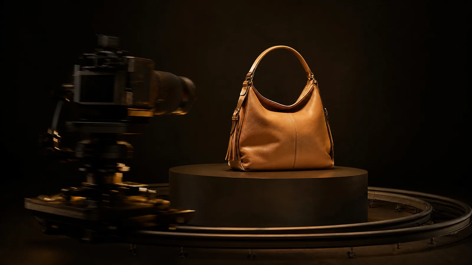 A camera on a curved orbit rig circling a tan leather handbag on a pedestal in a dark studio
