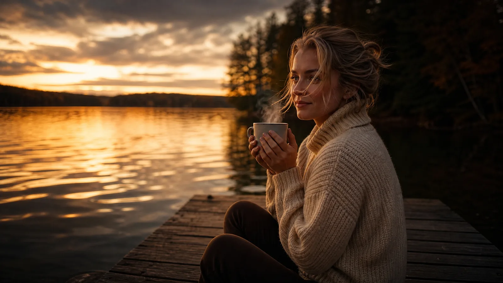 A woman on a lakeside dock at dusk holding a steaming mug, breeze lifting her hair, soft ripples on the water