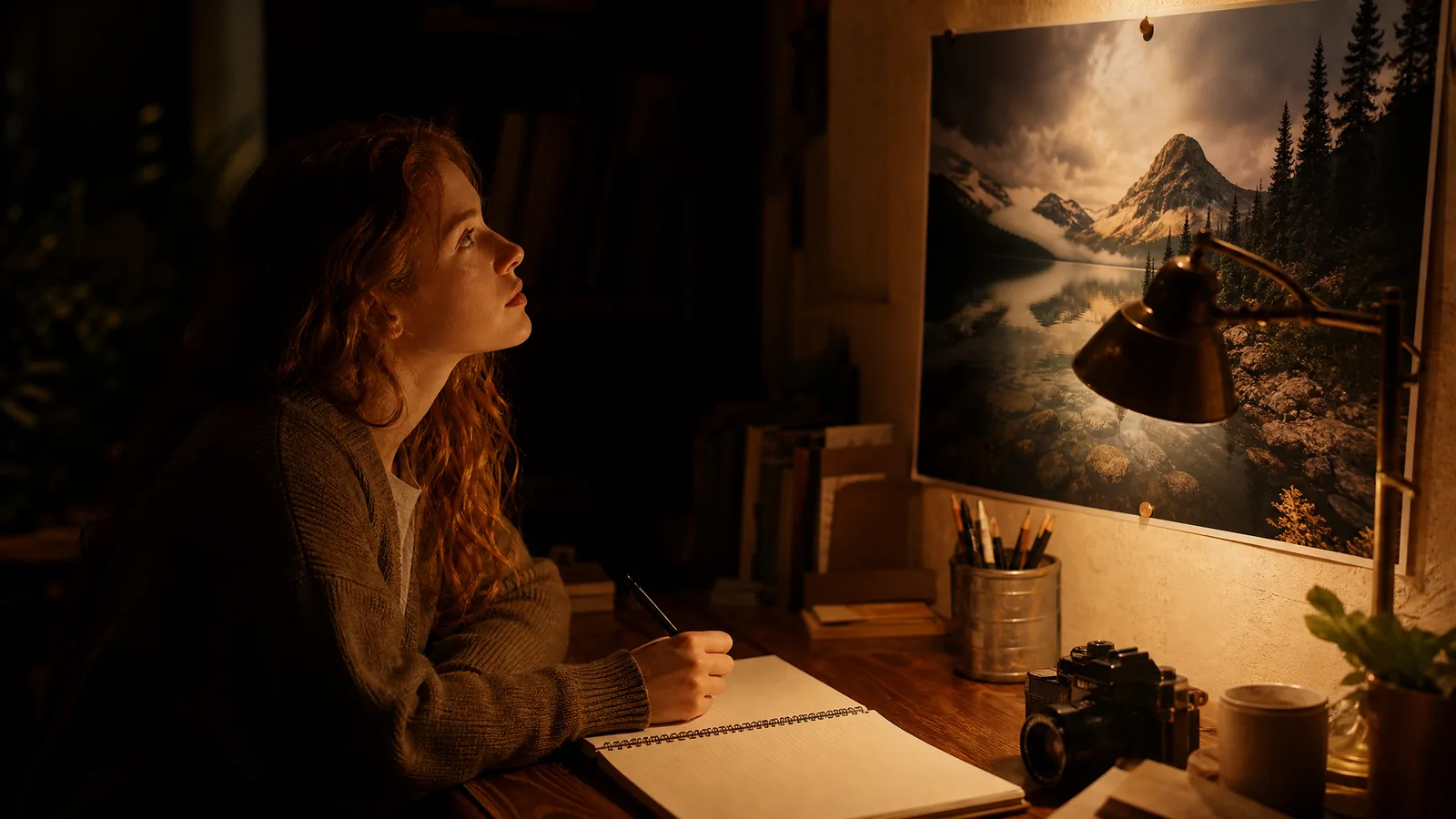 Woman with a notebook looking up at a pinned mountain lake print above a desk with a camera and lamp