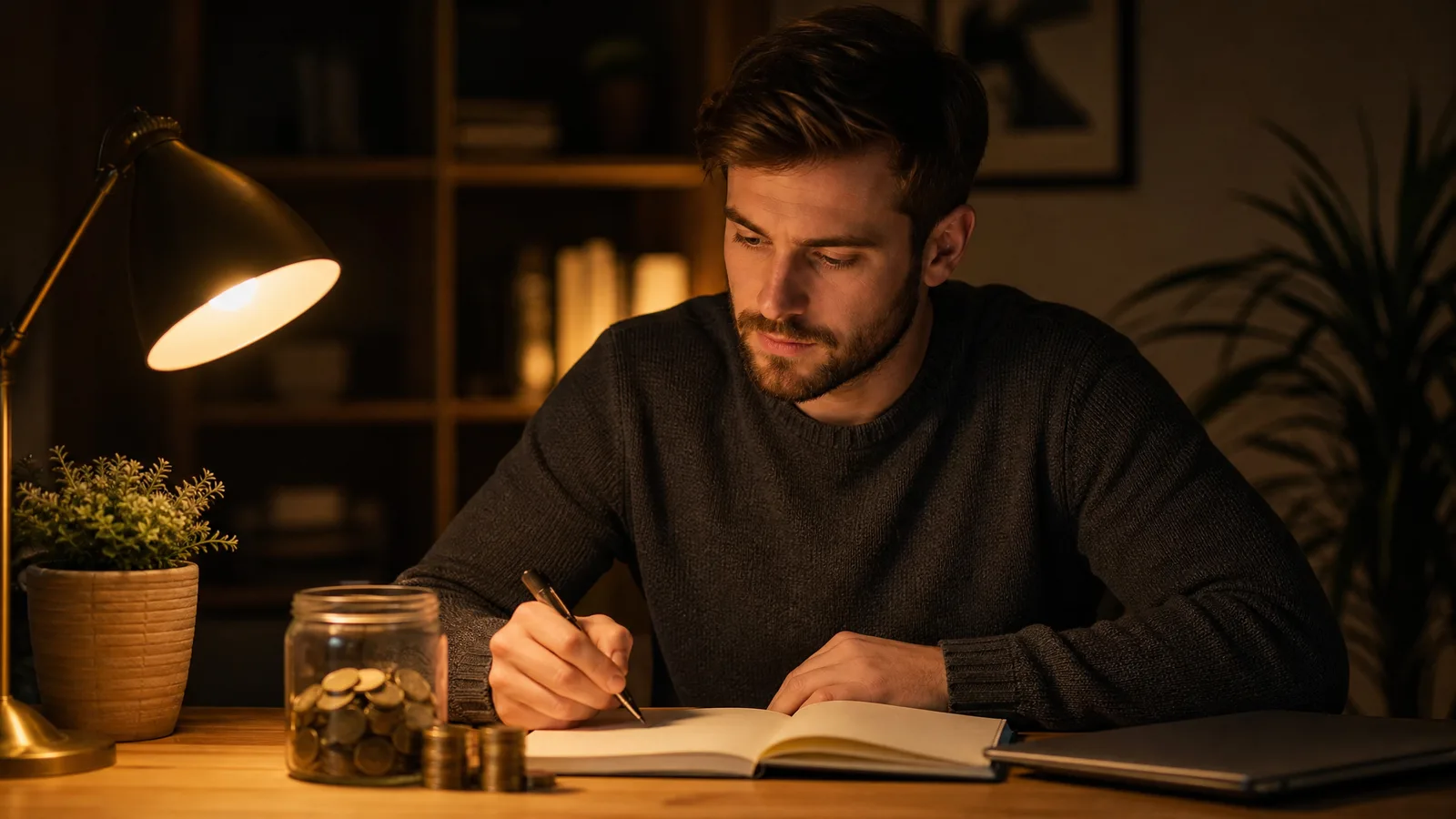 Man writing in a notebook at a desk beside a glass jar of coins and stacked coins under a lamp