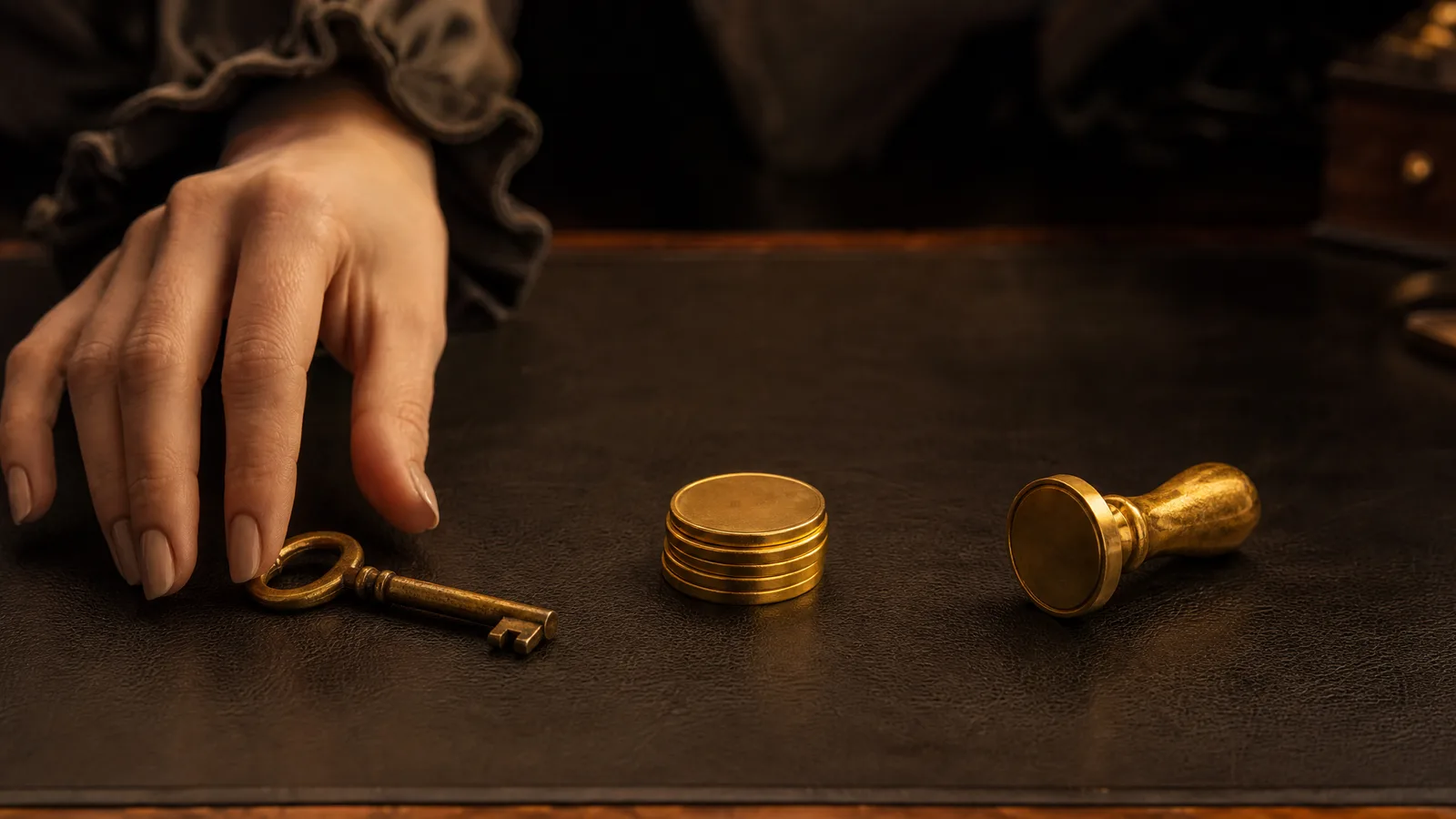 An antique brass key, a stack of gold tokens and a blank wax-seal stamp set apart on a dark leather desk mat