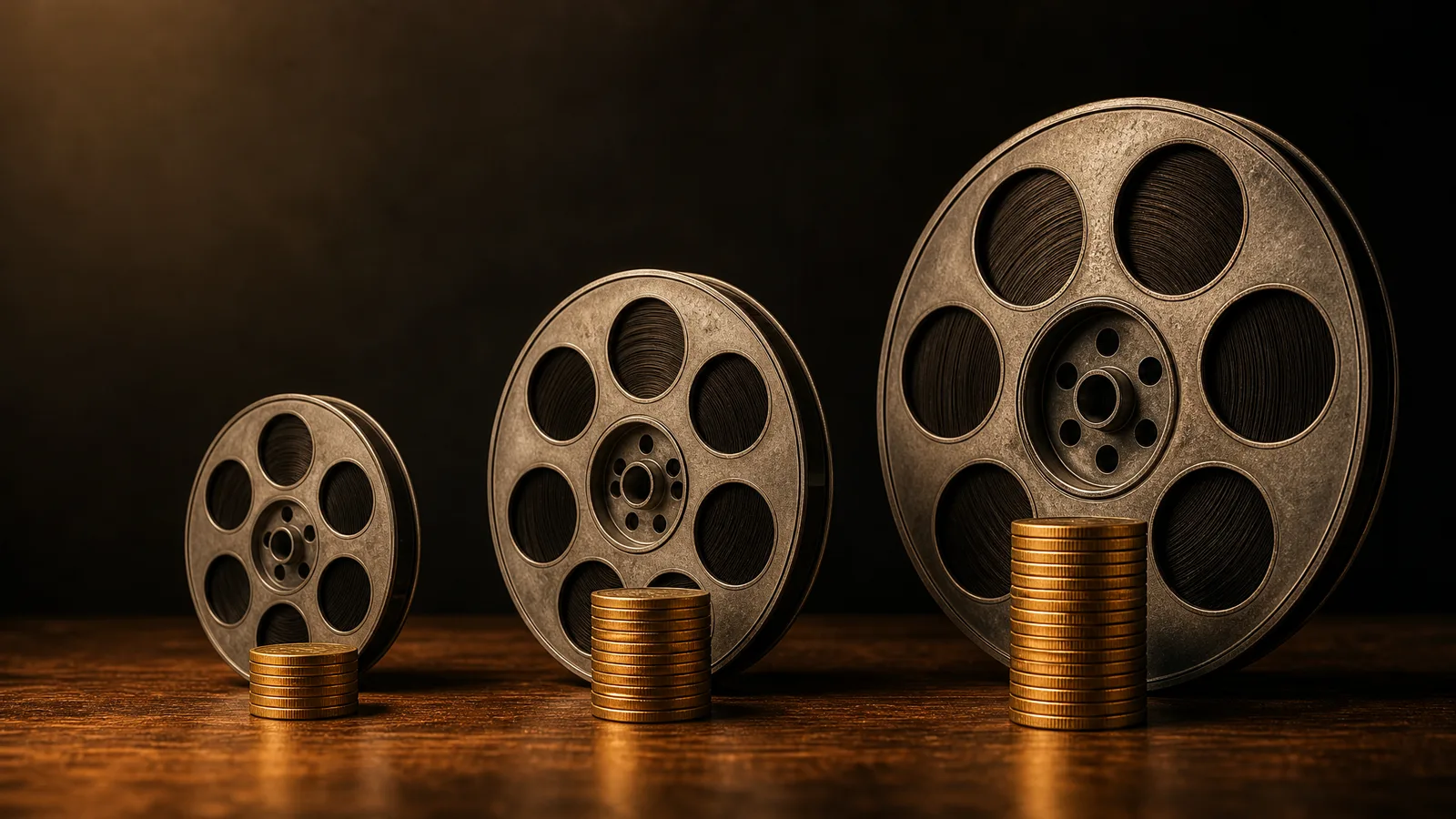 Three film reels of growing size on a walnut desk, each with a stack of gold coins in front of it