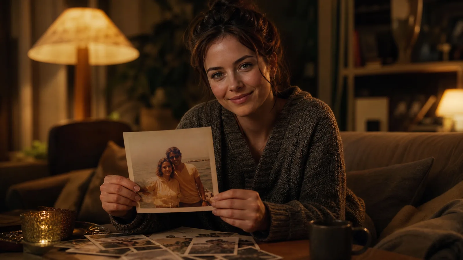 Smiling woman on a sofa holding up a printed family photo, more prints spread on the table below