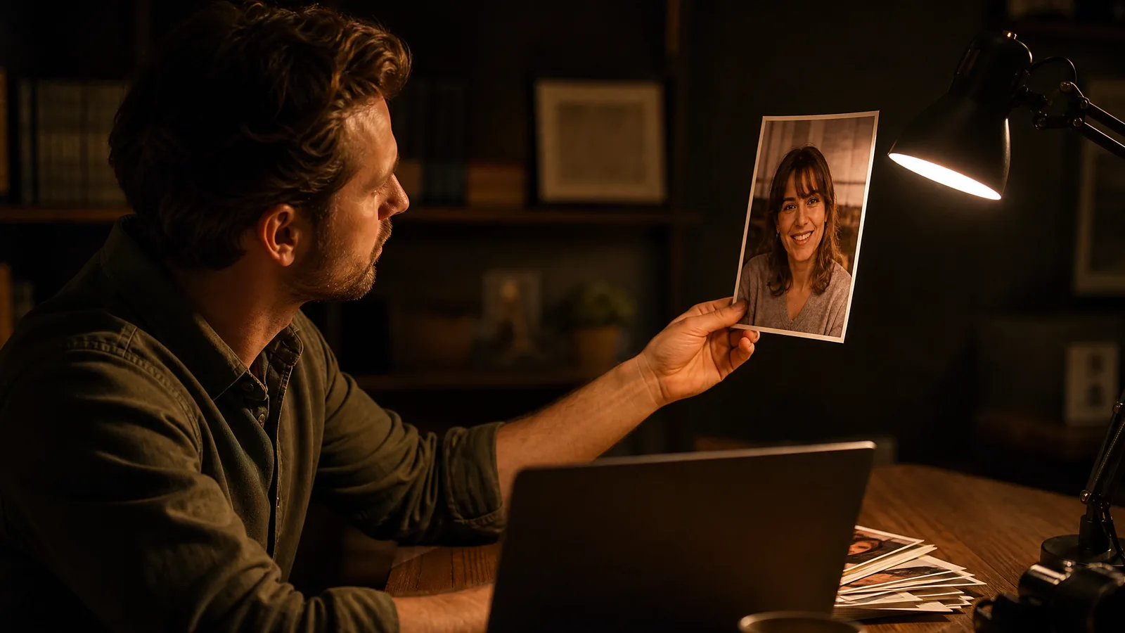 A man holding up a sharp portrait print to check it at a desk, other prints beside him and a laptop facing away