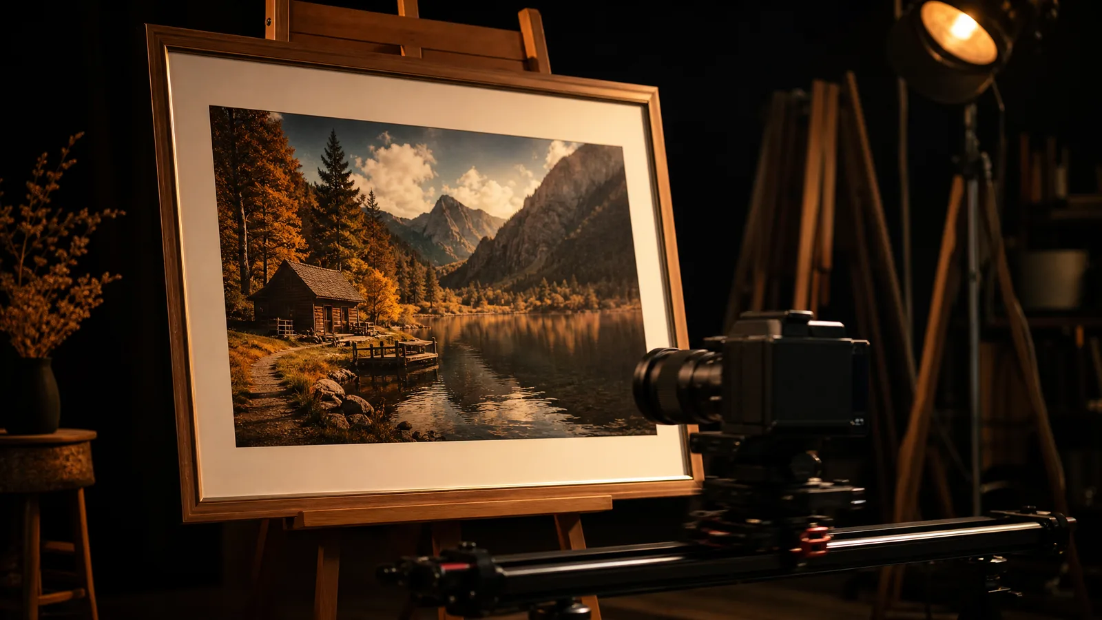 A camera on a slider rail gliding past a framed landscape print of a lakeside cabin on a wooden easel