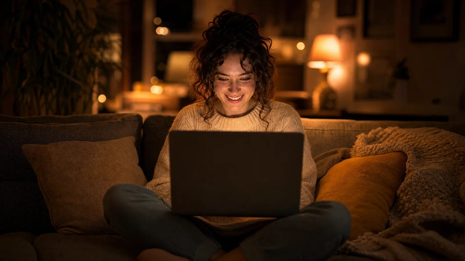 A woman on a couch at night smiling at a laptop whose screen faces away, her face lit by its warm glow