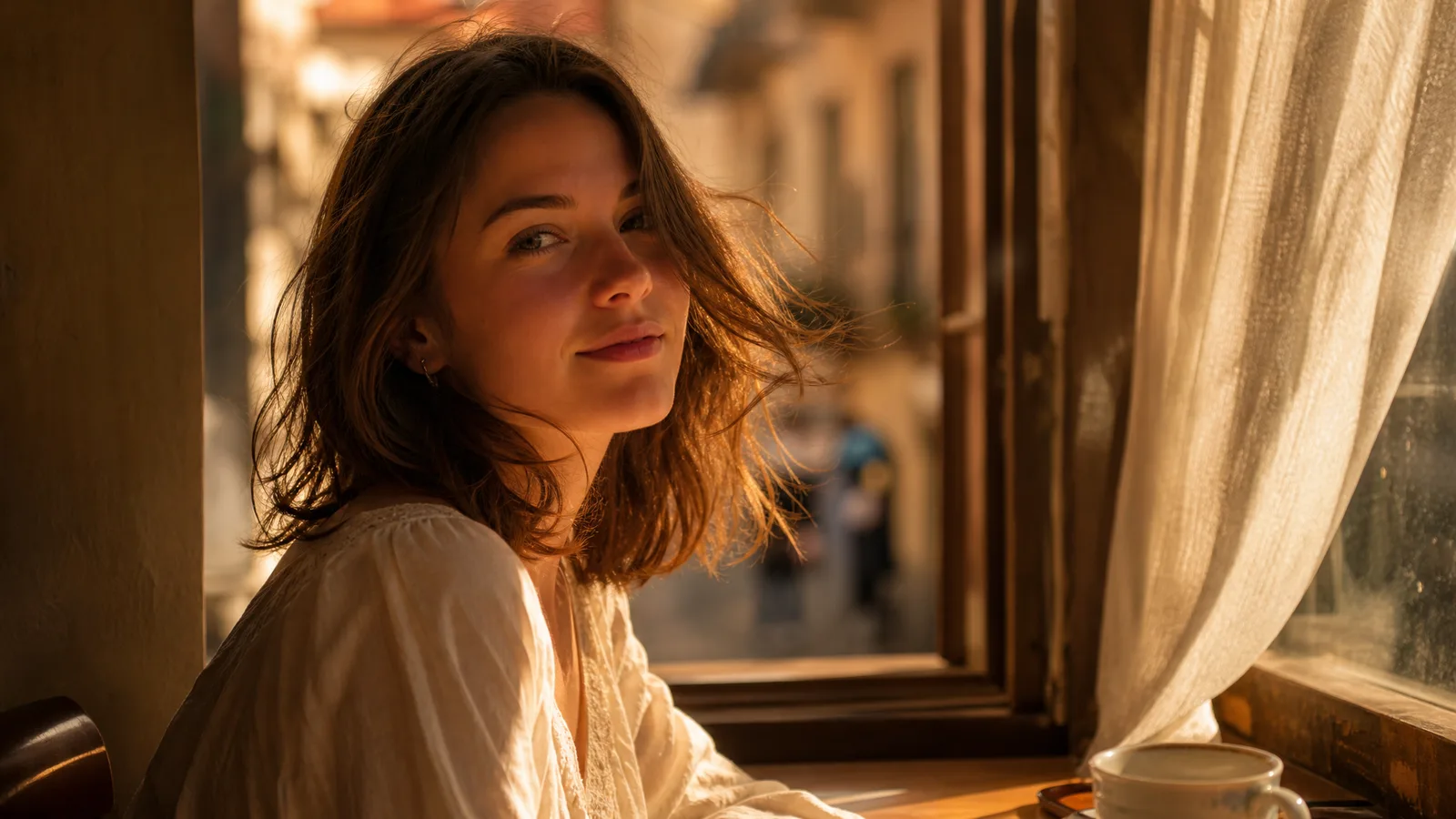 A woman by an open café window in late sun, a breeze moving her hair and the sheer curtain beside her