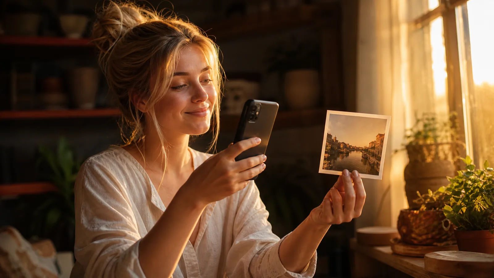 Woman by a sunny window holding a phone in one hand and a small canal photo print in the other