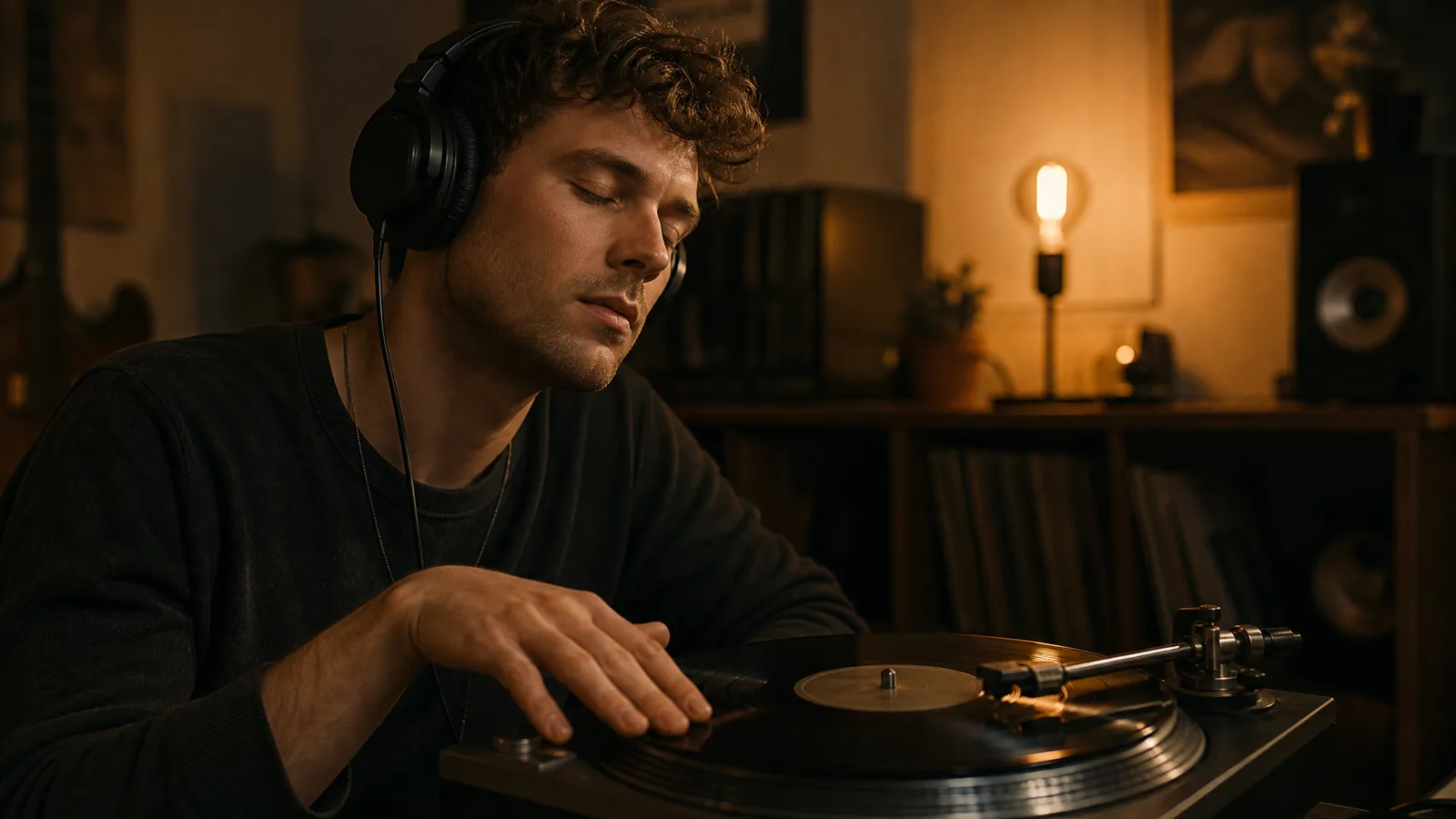 A man in headphones nodding to a beat, one hand on a spinning vinyl record in a dim home studio