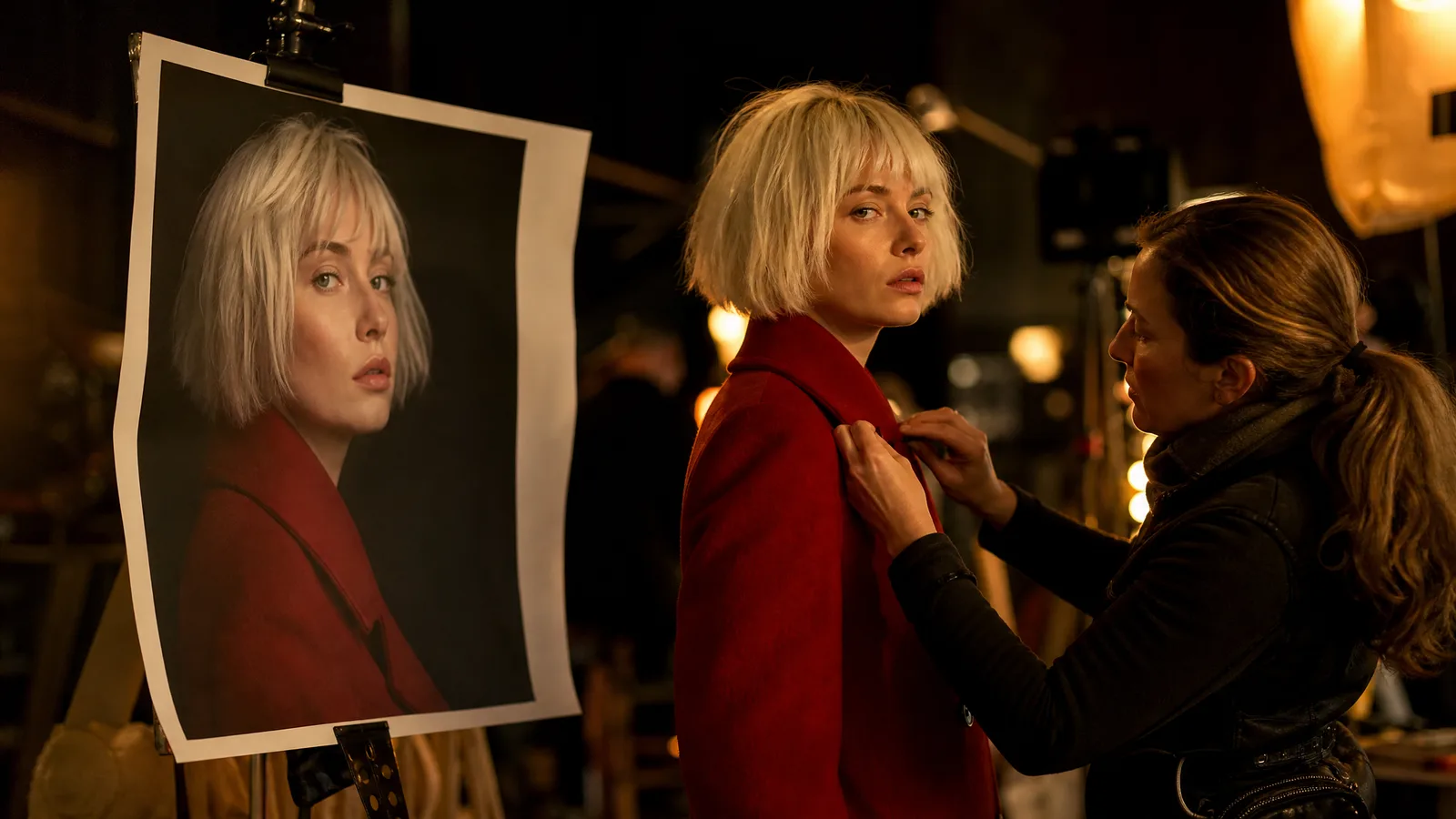 An actress in a red coat beside a large print of herself in the same coat while a makeup artist matches her collar