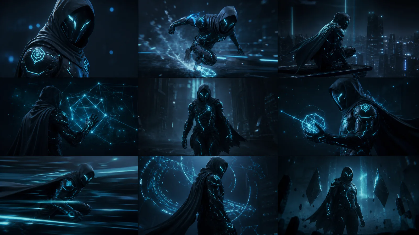 Comparison of three video frames of the same character staying consistent in face, hair, and clothing thanks to a shared reference image (generated with imgvid)