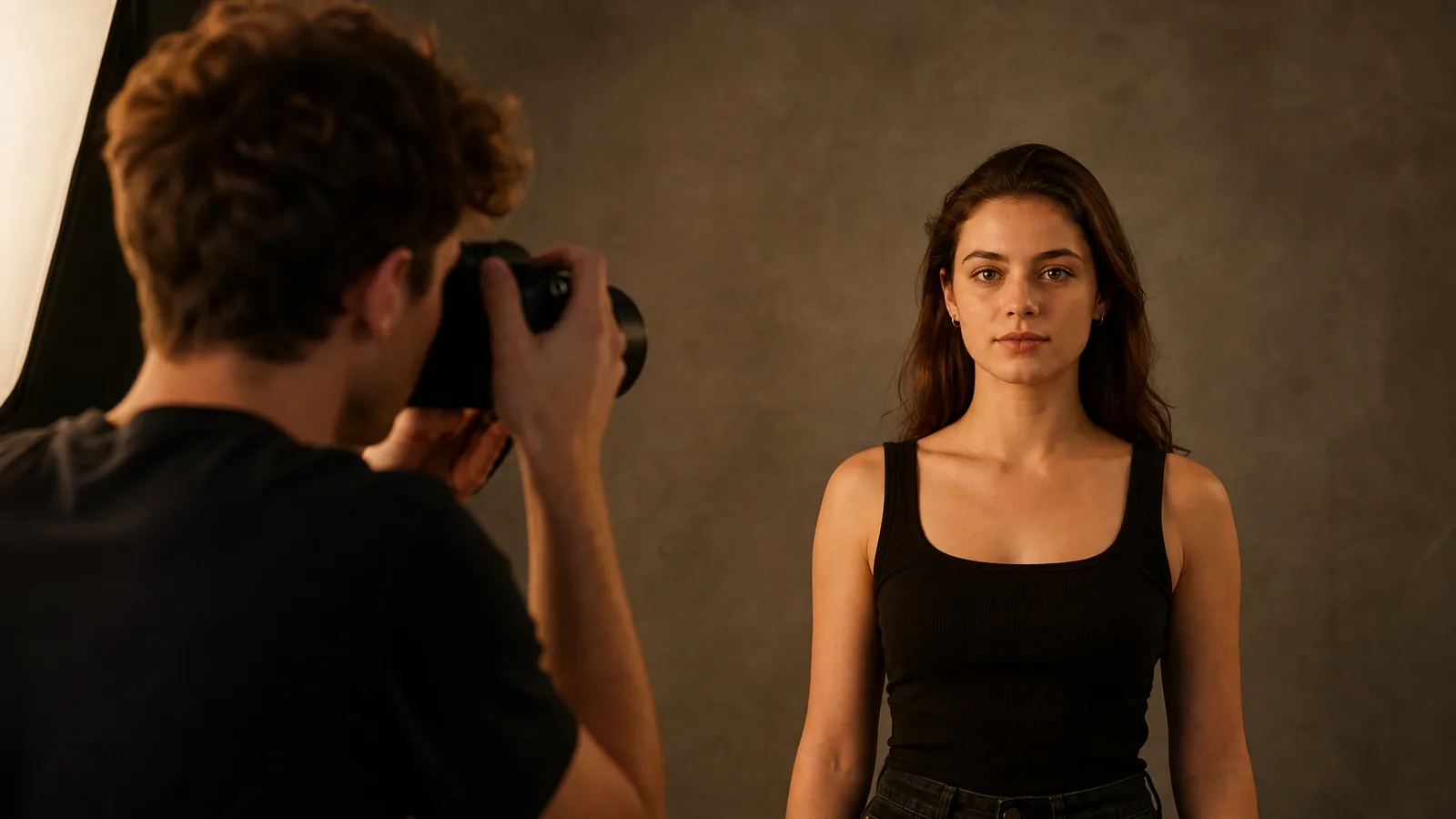 A man photographing a front-facing woman against a plain grey wall for a clean, evenly lit reference portrait