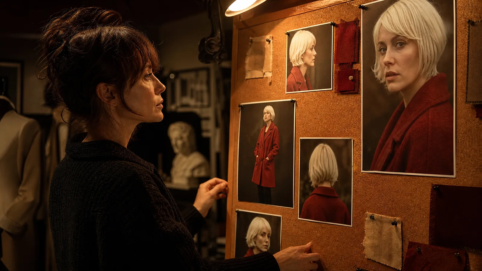 Woman pinning portraits of the same white-haired woman in a red coat to a cork moodboard
