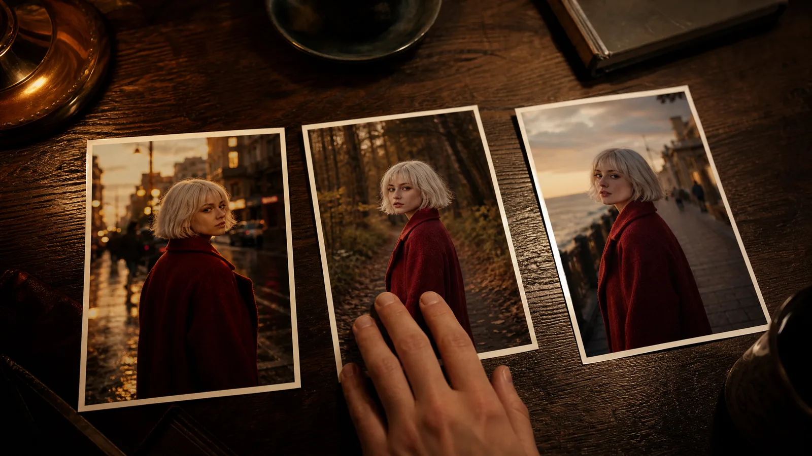 Three prints in a row of the same woman in a red coat and platinum bob in a city street, a forest and by the sea
