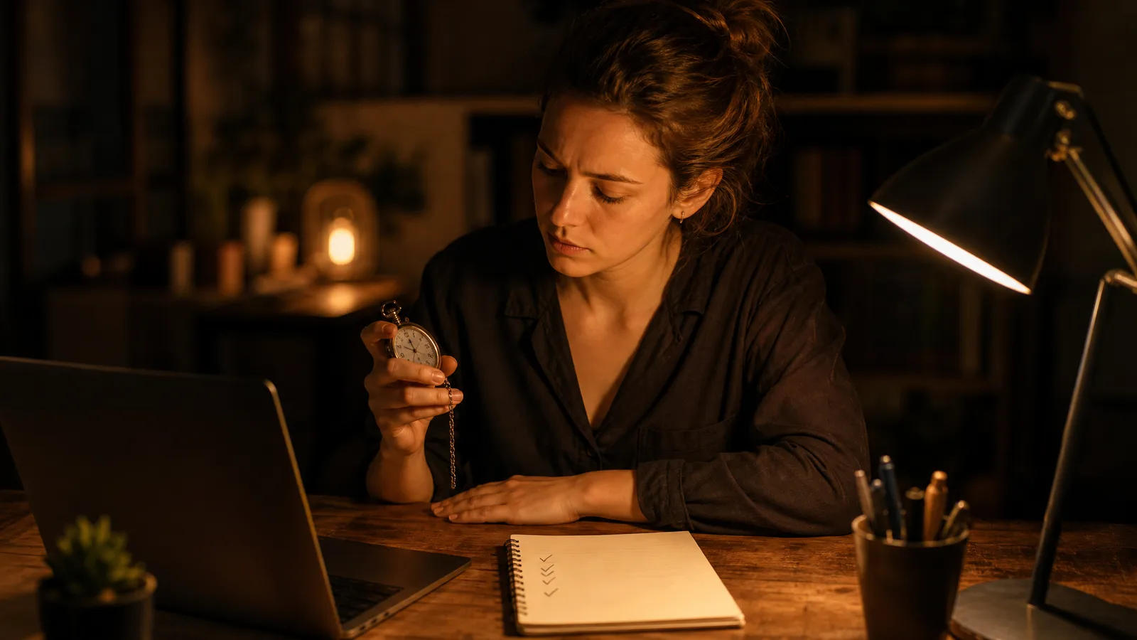 A woman at a desk checking a pocket stopwatch, a laptop facing away and a notebook with five tick marks